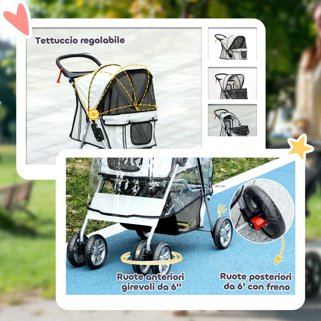 EasyComfort Passeggino per Cani Piccoli Pieghevole con Copertura Antipioggia, Ruote Girevoli e con Freni, Grigio