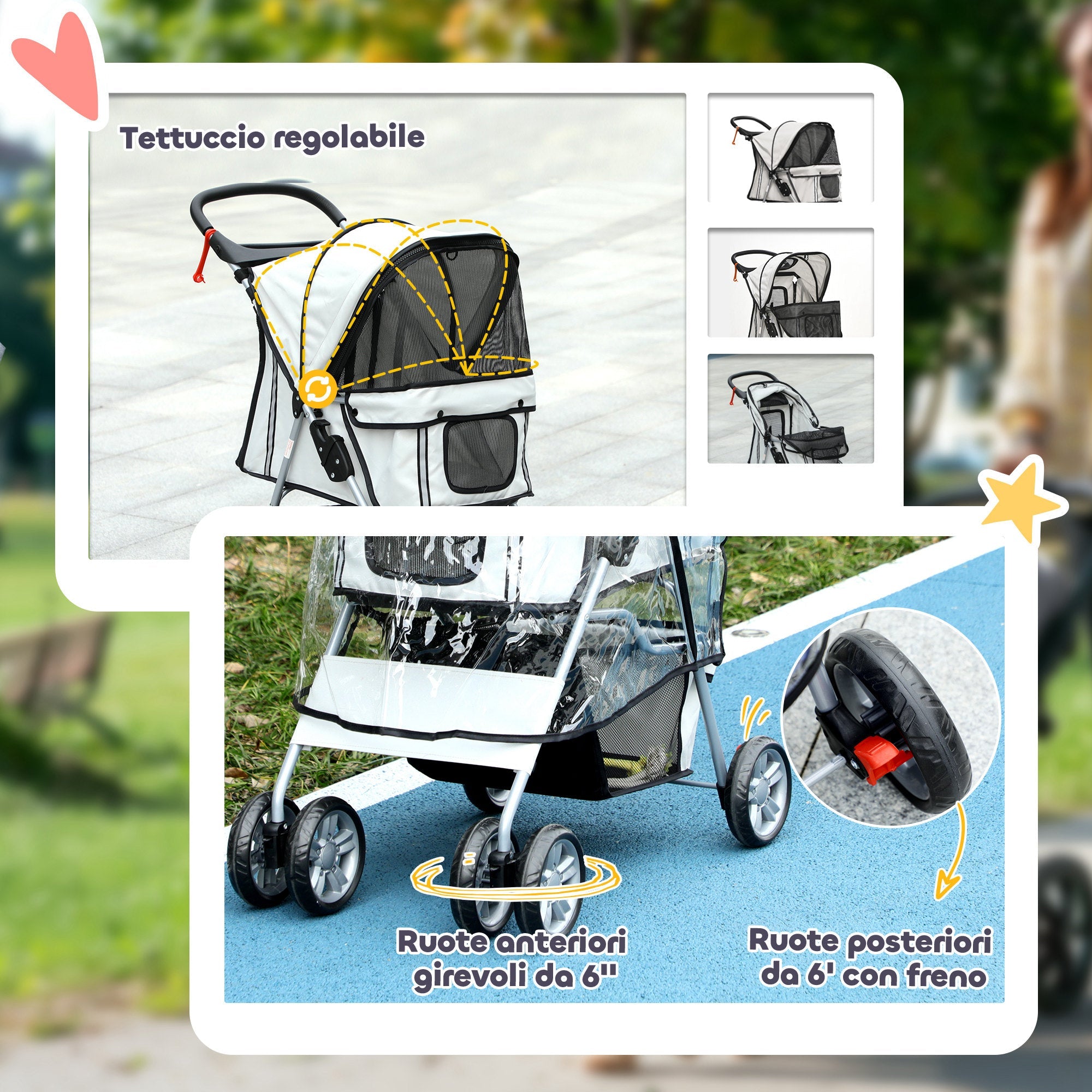 EasyComfort Passeggino per Cani Piccoli Pieghevole con Copertura Antipioggia, Ruote Girevoli e con Freni, Grigio