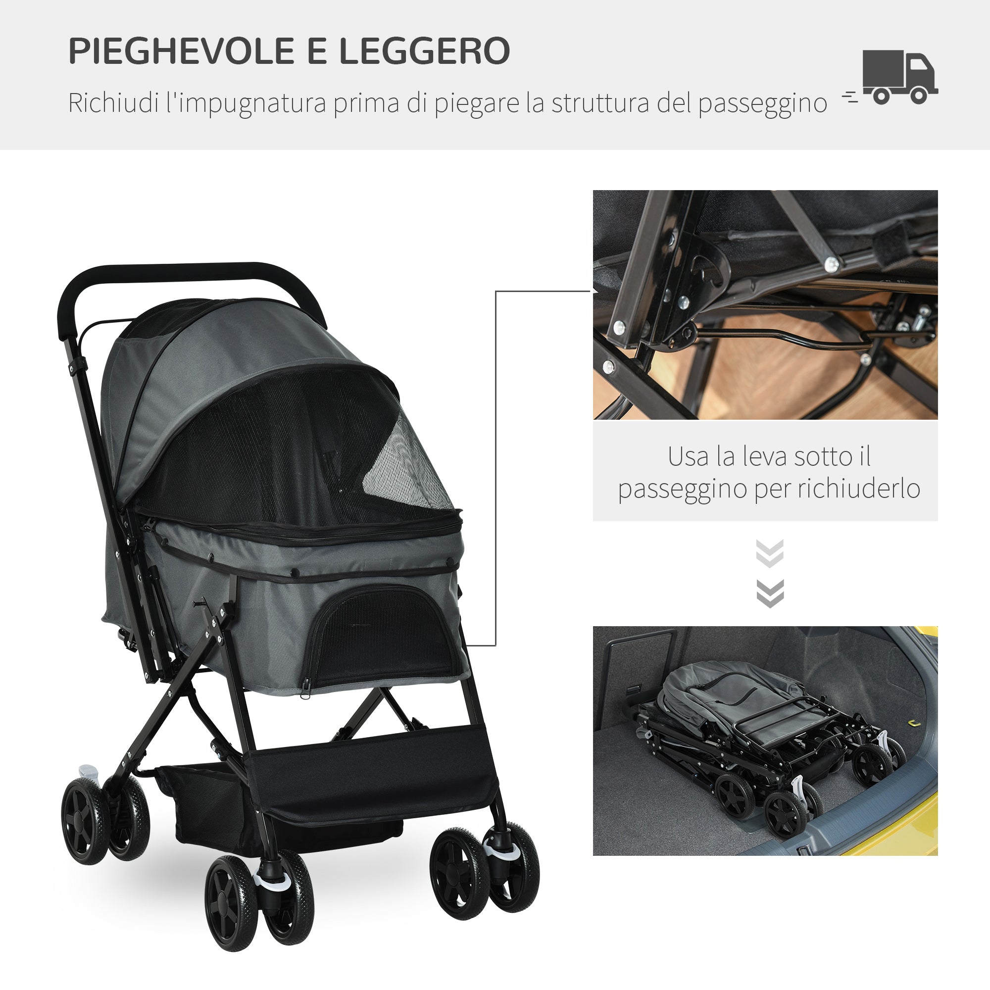 EASYCOMFORT Foldable Stroller for Small Dogs with Swivel Handle and Storage Basket, 76.5x52x95 cm, Gray