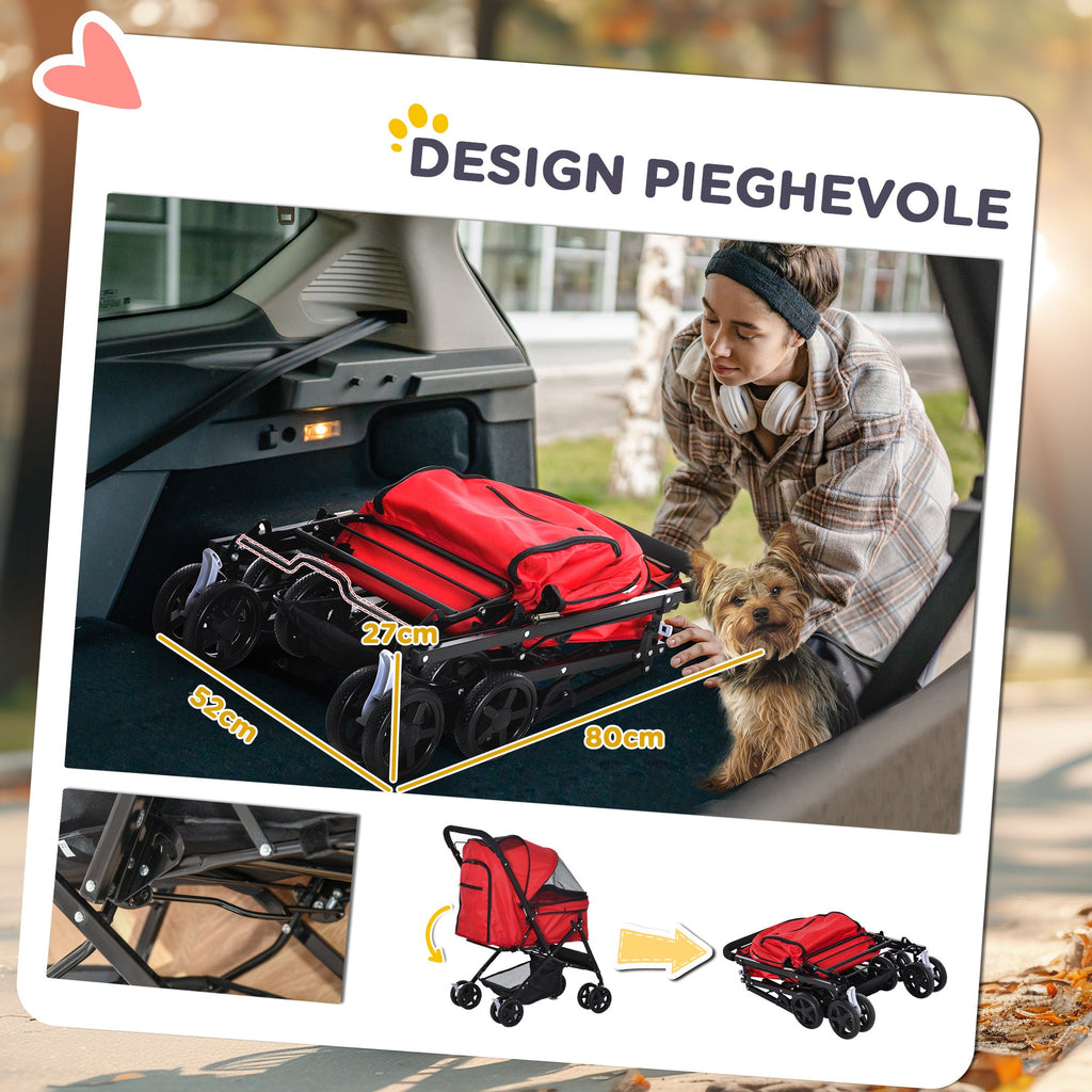 EasyComfort Passeggino per Cani Piccoli Pieghevole con Maniglione Girevole e Ruote con Freni, 76.5x52x95cm, Rosso