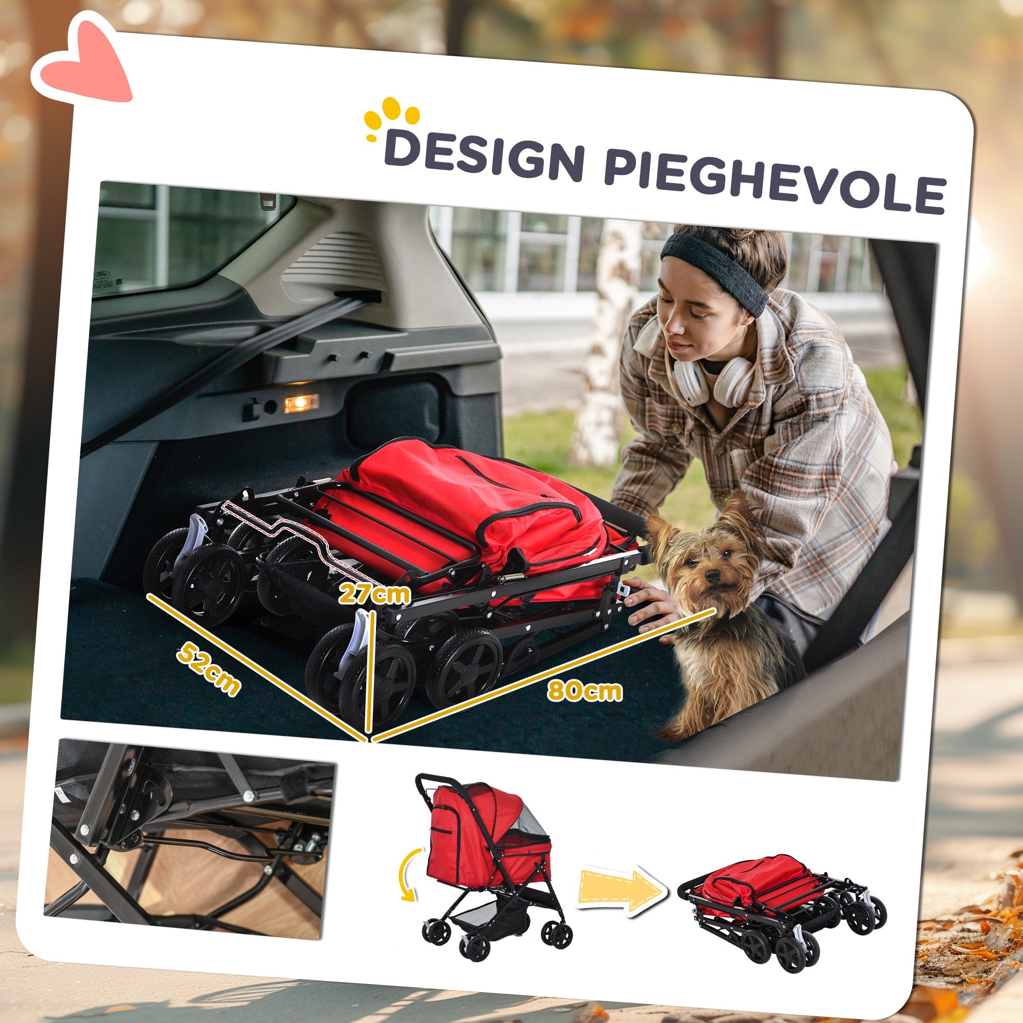 EasyComfort Passeggino per Cani Piccoli Pieghevole con Maniglione Girevole e Ruote con Freni, 76.5x52x95cm, Rosso
