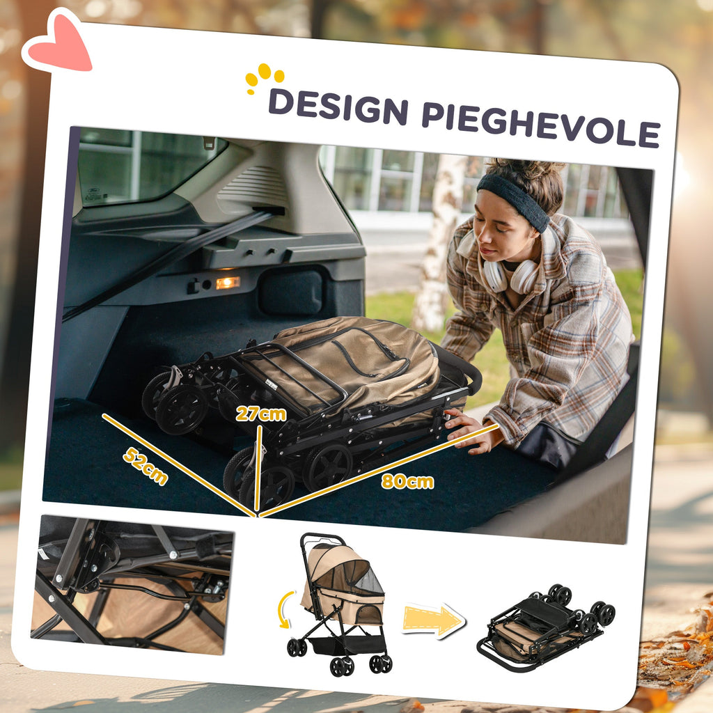 EasyComfort Passeggino per Cani Piccoli Pieghevole with Maniglione Girevole, Ruote with Freni e Cestino, Marrone