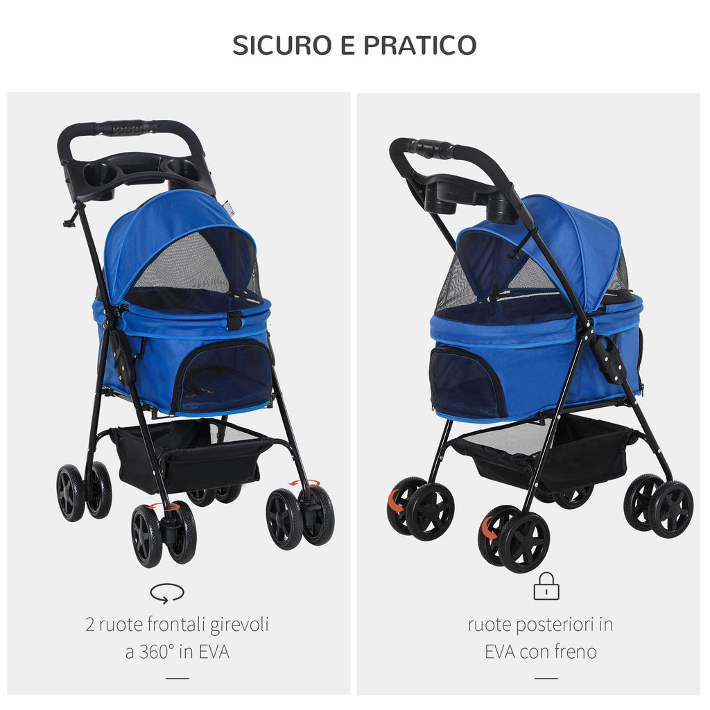 EASYCOMFORT Vouwbare hondenbuggy met veiligheidsriem en opbergmand, blauw