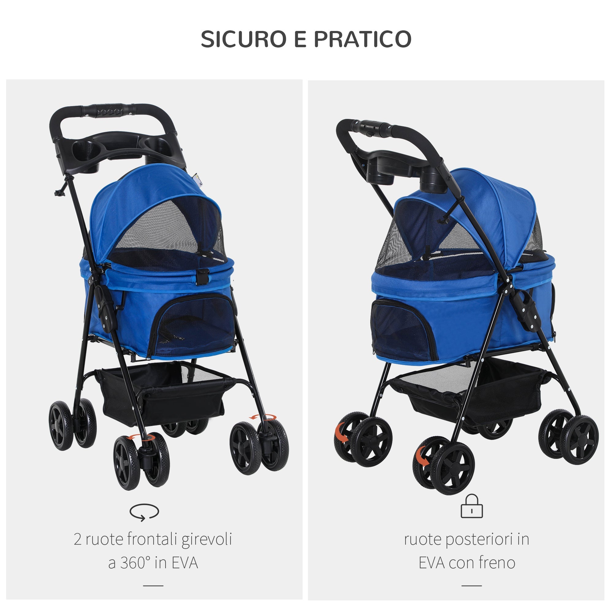 EASYCOMFORT Vouwbare hondenbuggy met veiligheidsriem en opbergmand, blauw