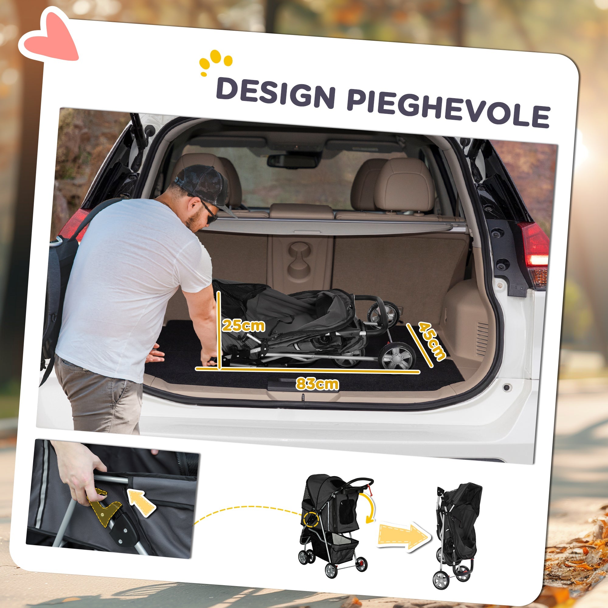 EasyComfort Passeggino per Cani Pieghevole con Portabicchieri e Cestino, in Acciaio e Poliestere, 75x45x97 cm, Grigio Carbone