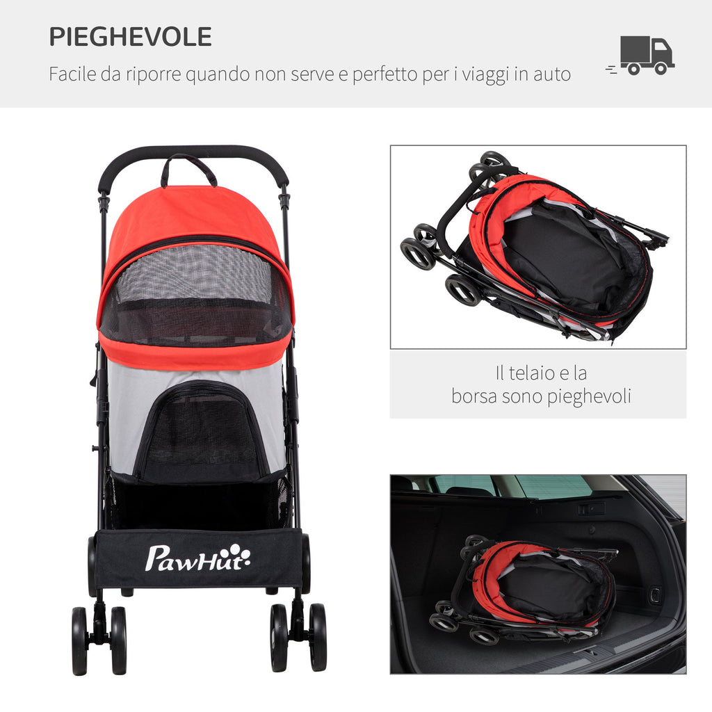 EASYCOMFORT Foldable Dog Stroller with Removable Carrier and Canopy, 82x49.5x98cm, Red