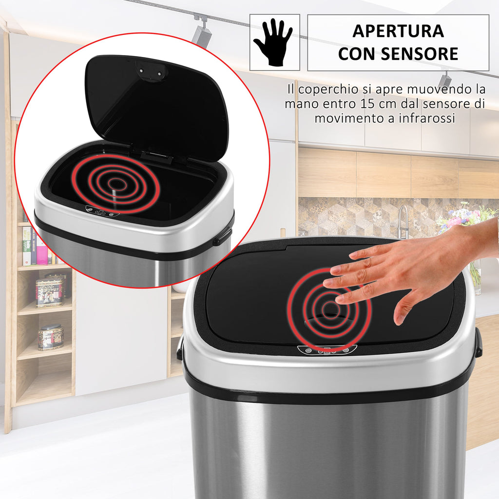 Easycomfort Pattumiera Cestino Bidone with Coperchio a Sensore ad Infrarossi per Cucina Bagno Capacità 58L in Acciaio ABS 40.9 × 28.9 × 68cm