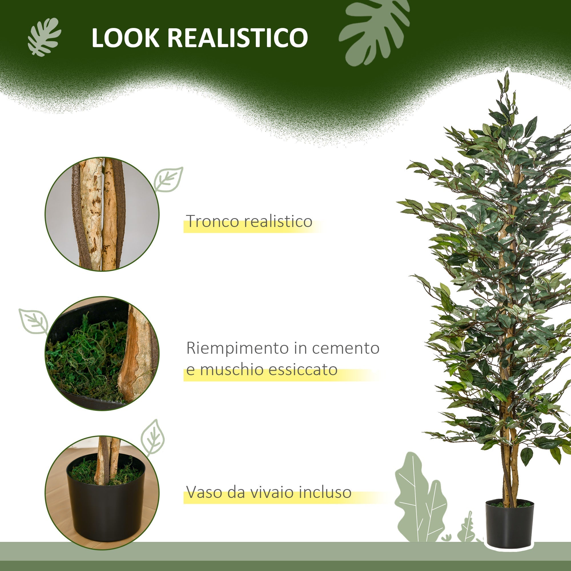 EasyComfort Pianta Finta di Ficus Alta 150cm, Decorazione per Interno ed Esterno with Vaso Incluso