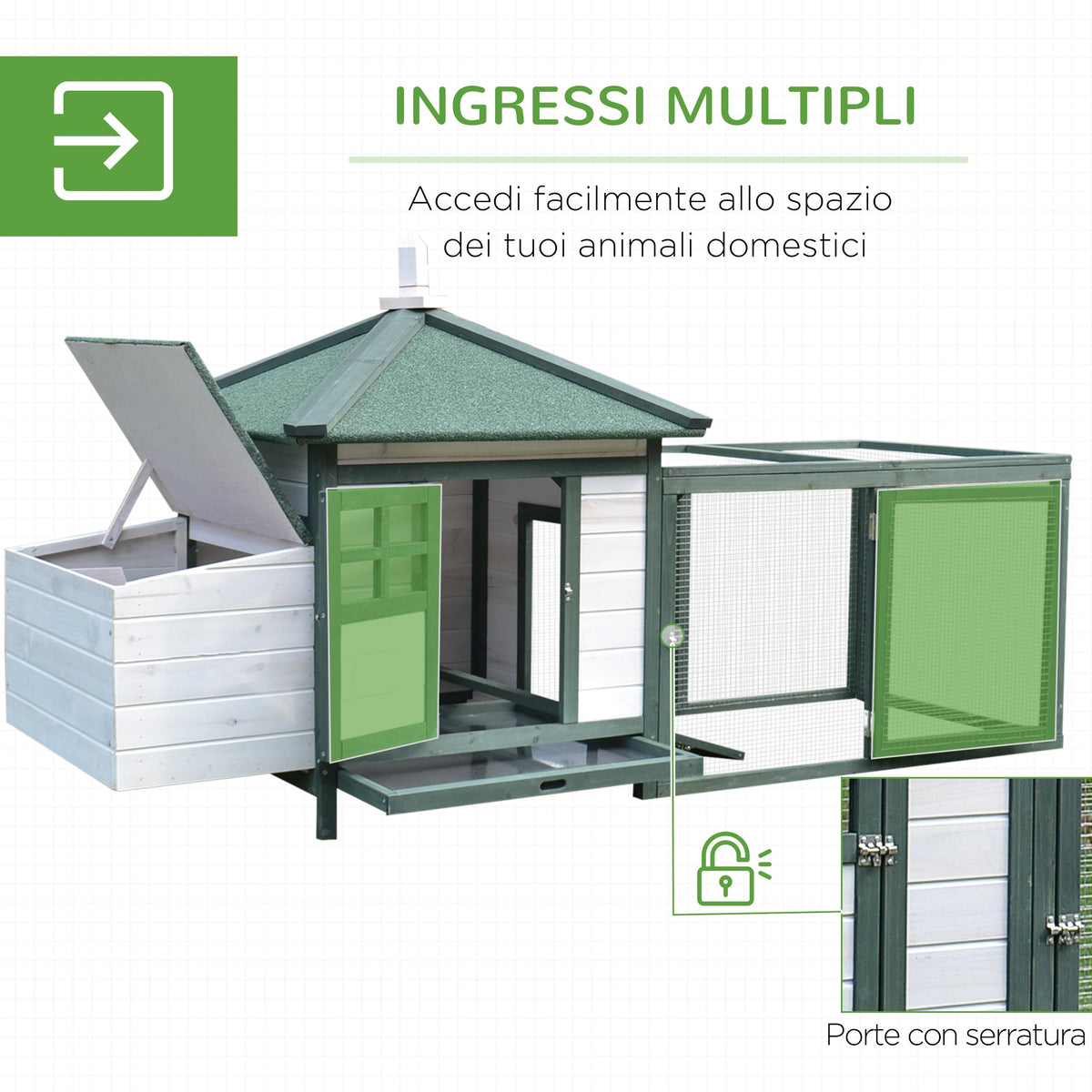 EasyComfort Prefab houten kippenhok 196x76x97 cm, wit/groen