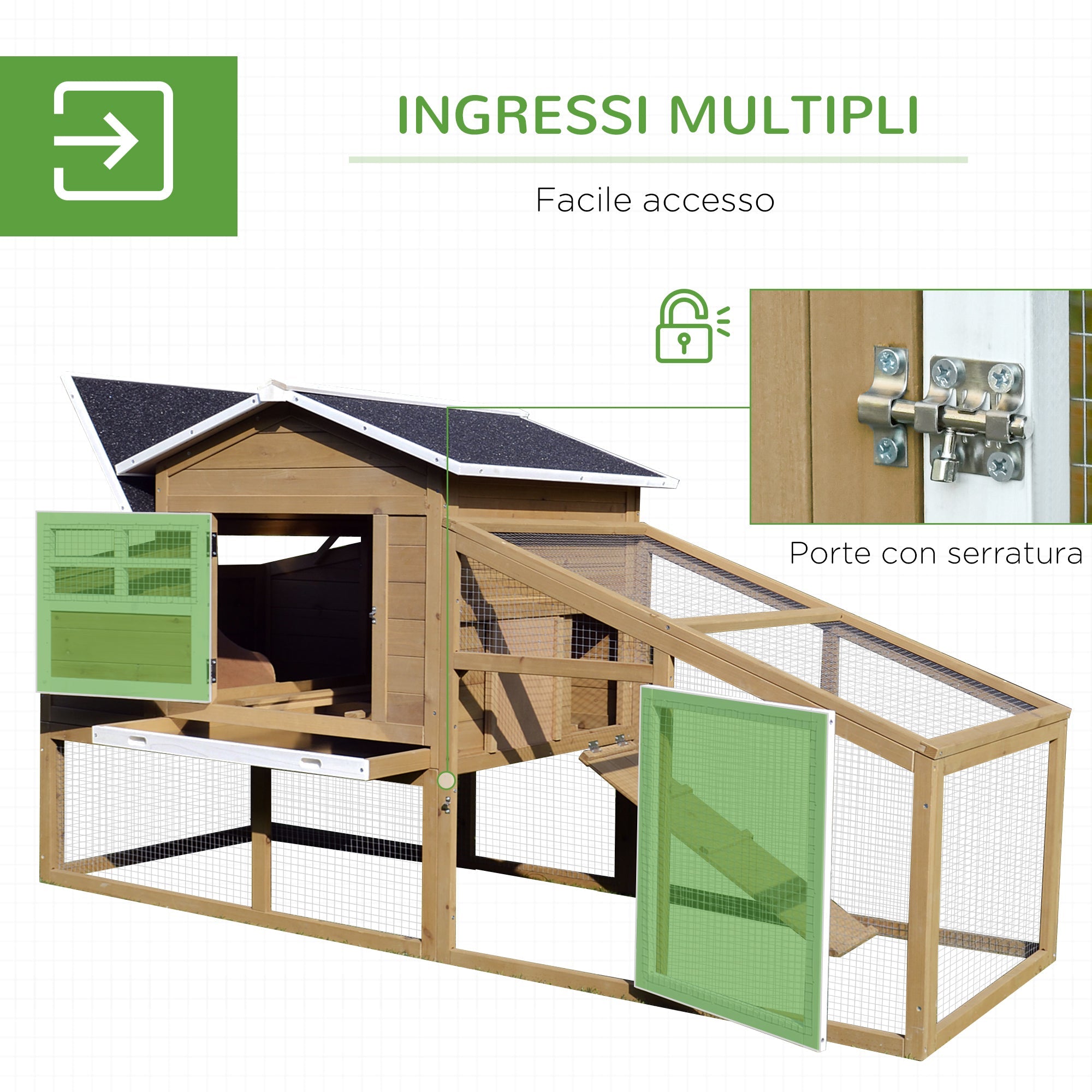 EASYCOMFORT Outdoor Chicken Coop for Laying Hens with Running Area, Nesting Area and Removable Wooden Garden Tray, 200x80x105 cm