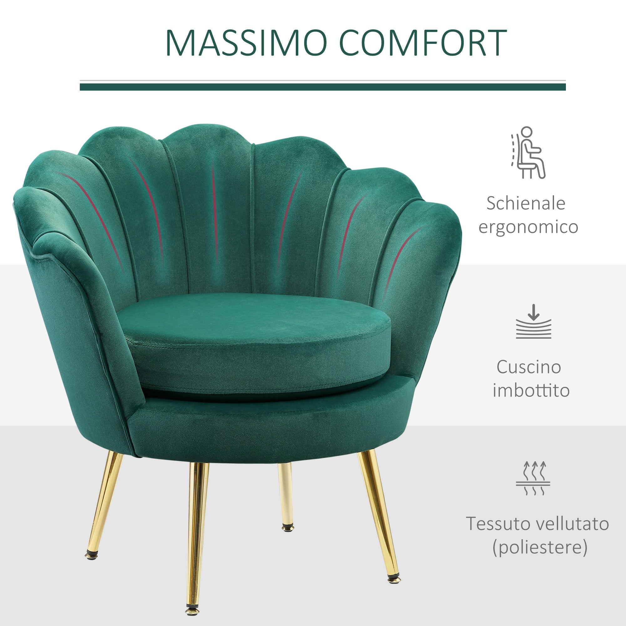 EasyComfort Conchiglia fauteuil, donkergroen velours, 76x67x74 cm