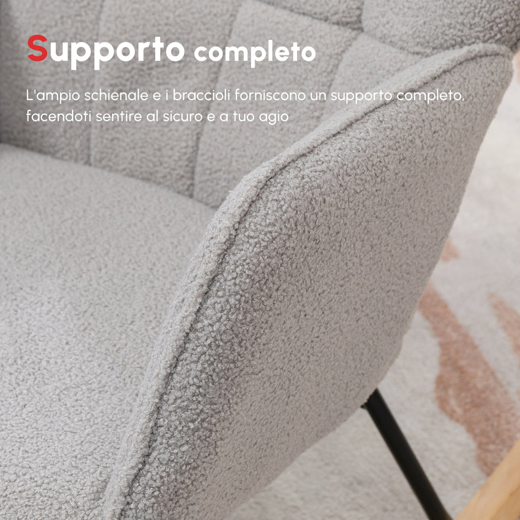 EasyComfort Poltrona a Dondolo Imbottita in Legno e Acciaio with Rivestimento Bouclé, 71x98x101 cm, Grigio