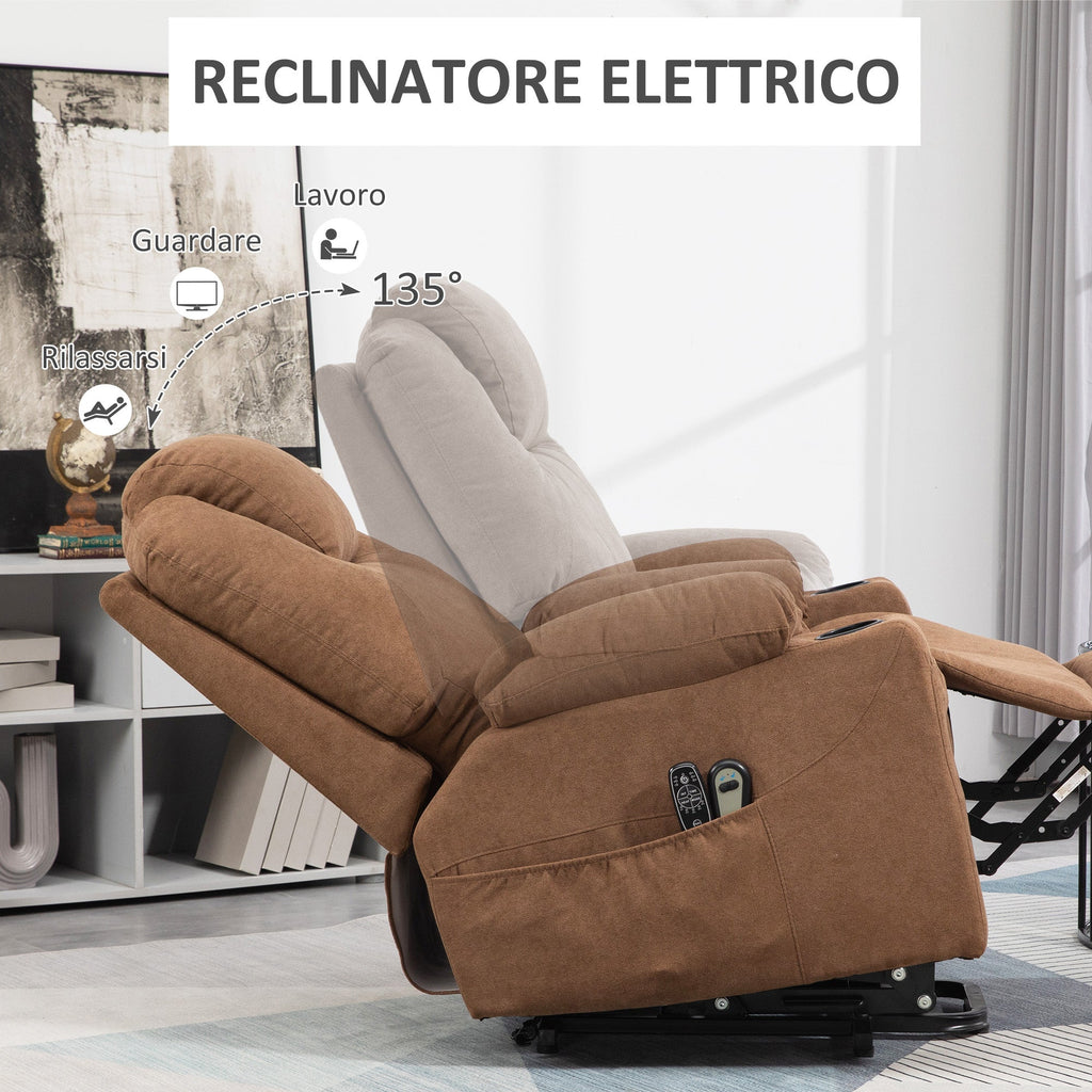 EasyComfort Poltrona Alzapersona Massaggiante a 8 Punti with Telecomando, in Tessuto Effetto Lino, 90x101x107 cm, Caffè