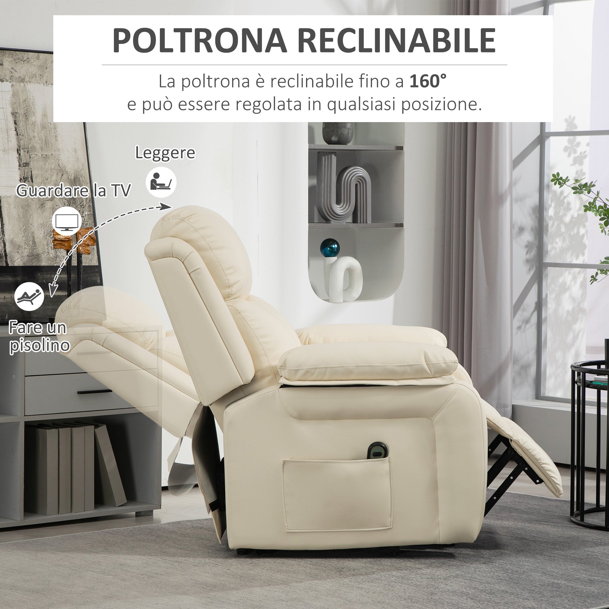 EasyComfort Poltrona Alzapersona Reclinabile a 160° with Poggiapiedi e Telecomando, in Pelle PU e Acciaio, 76x90x105 cm, Crema