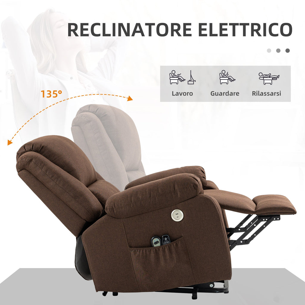EasyComfort Poltrona Alzapersona Reclinabile with Poggiapiedi, in Tessuto Effetto Lino, 87x92x105 cm, Caffè