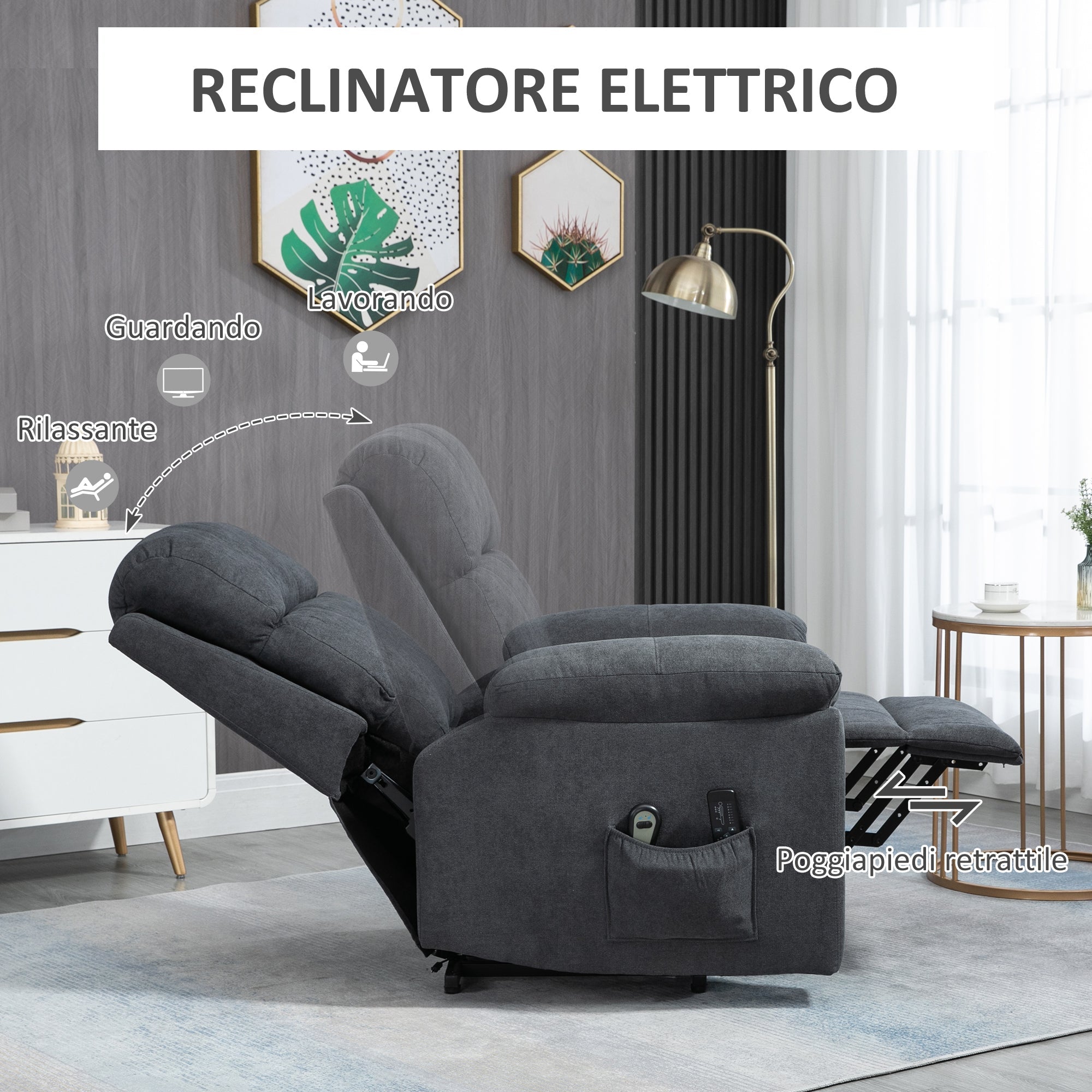 Easycomfort Poltrona Alzapersona Reclinabile fino a 135° with 8 Punti Massaggianti, Telecomando e Poggiapiedi 89x99x103 cm, Grigio