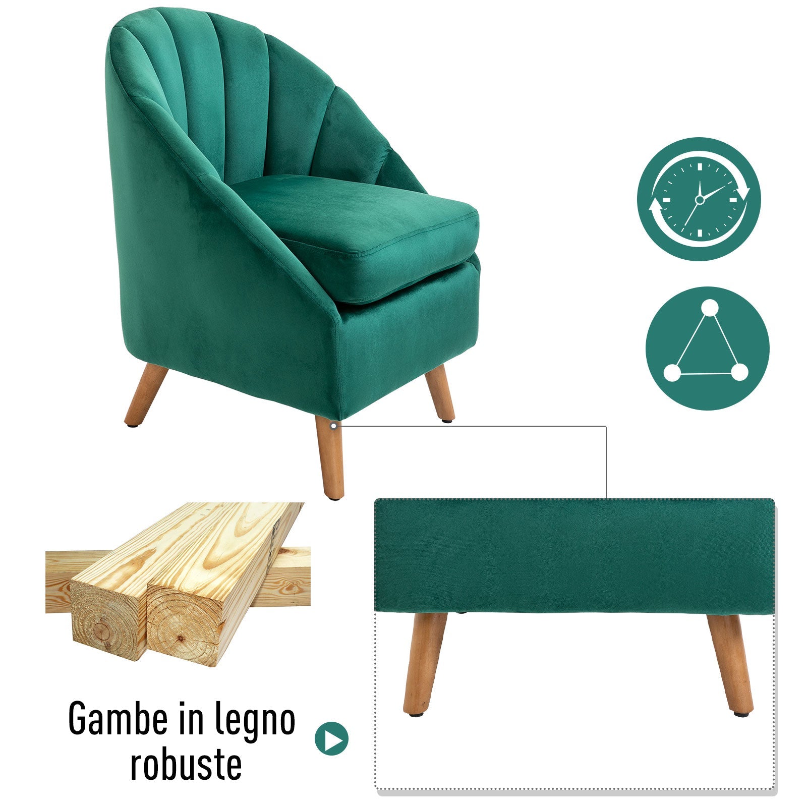 Easycomfort Poltrona da Camera da Letto e Salotto in Velluto Verde with Imbottitura Spessa e Solida Struttura in Legno (67x65x77cm)