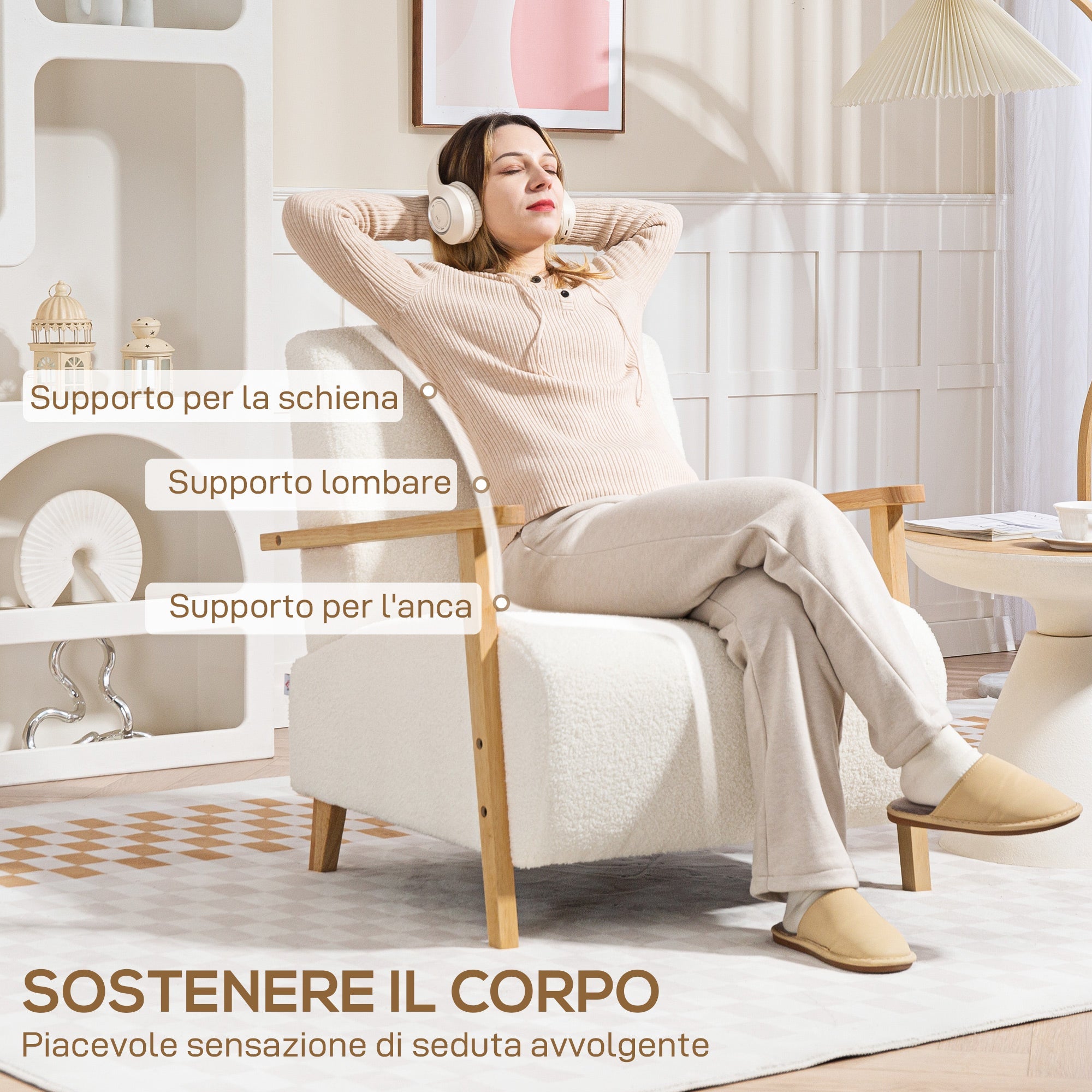 EasyComfort Poltrona da Salotto in Tessuto Sherpa with Braccioli e Gambe in Legno Stile Nordico, Crema