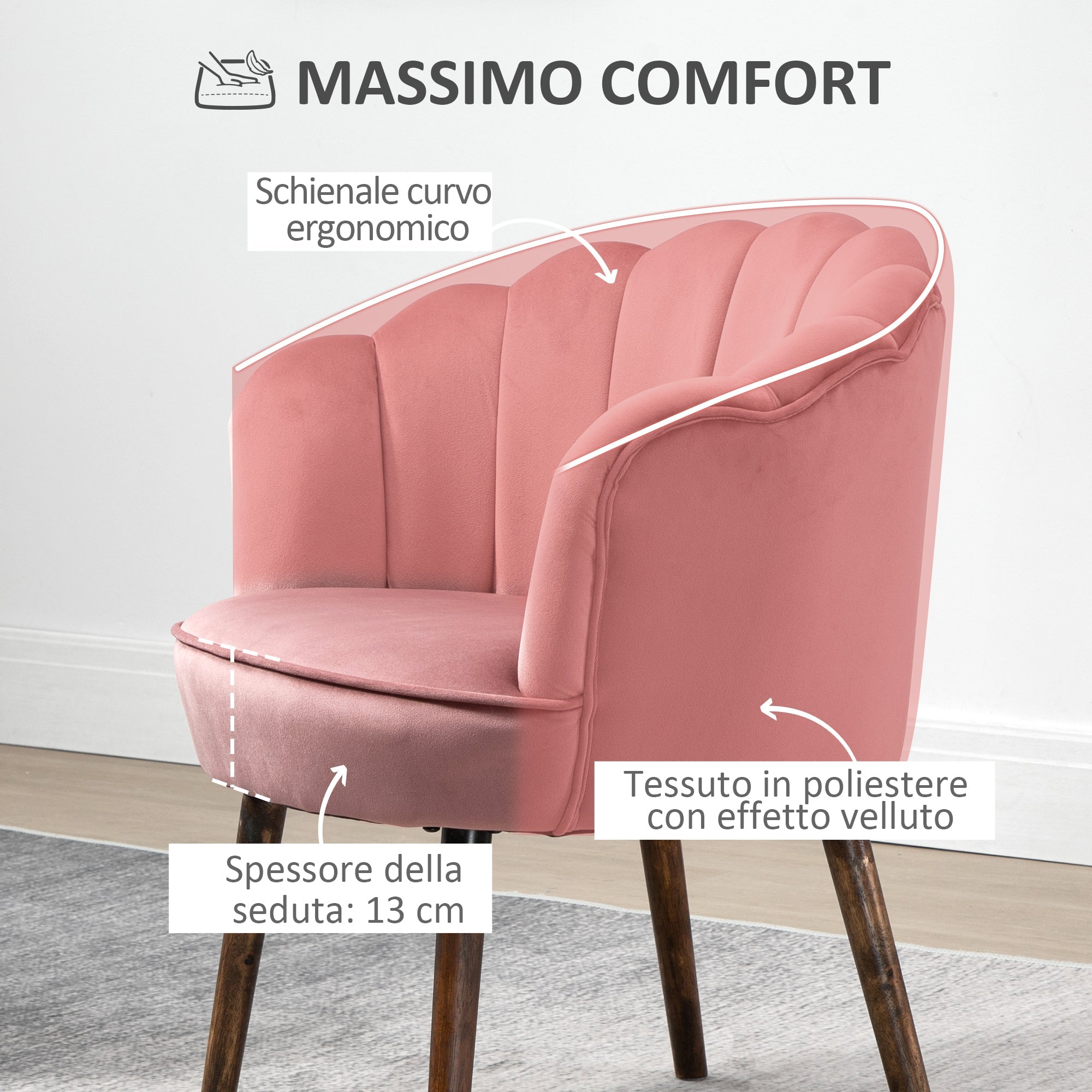 Easycomfort Poltrona Imbottita with Schienale a Conchiglia e Gambe in Legno, Poltrona in Velluto per Salotto e Camera, 66x66x78.5cm, Rosa