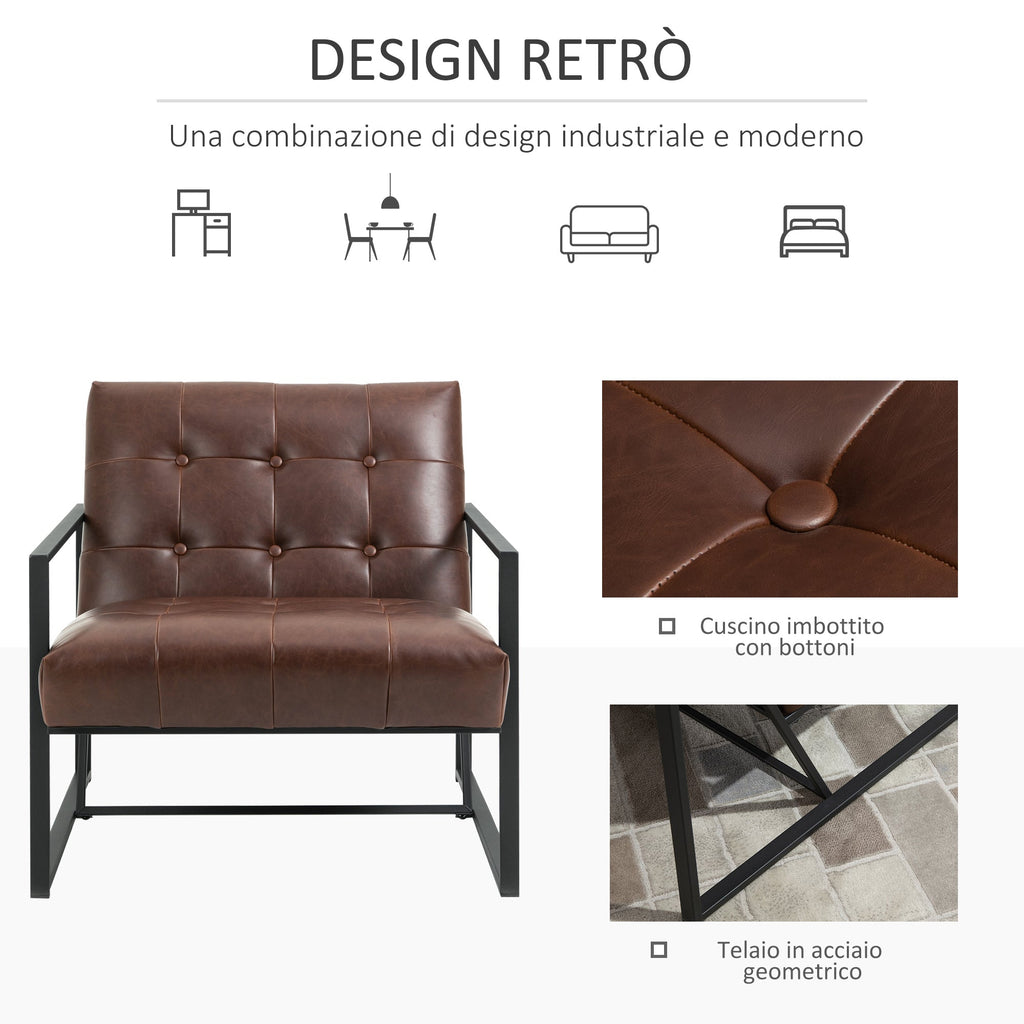 Easycomfort Poltrona Imbottita Stile Industriale Trapuntata a Bottoni, Arredamento Moderno Poltroncina da Ingresso in Metallo e PU, 75x81x78cm Marrone