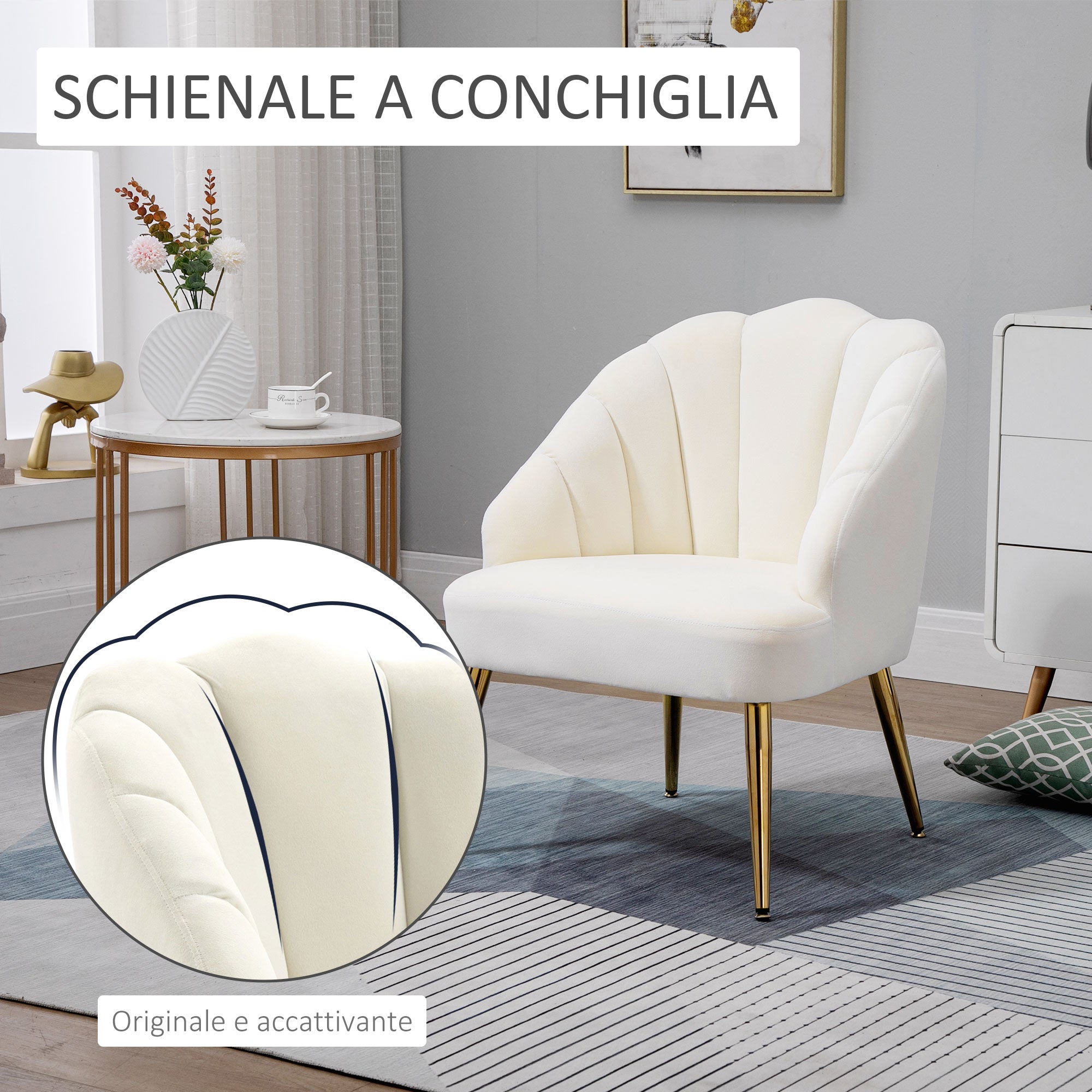 Easycomfort Poltrona in Velluto Imbottita with Schienale a Conchiglia e Gambe in Acciaio per Camera e Salotto, 63x65x84cm, Crema