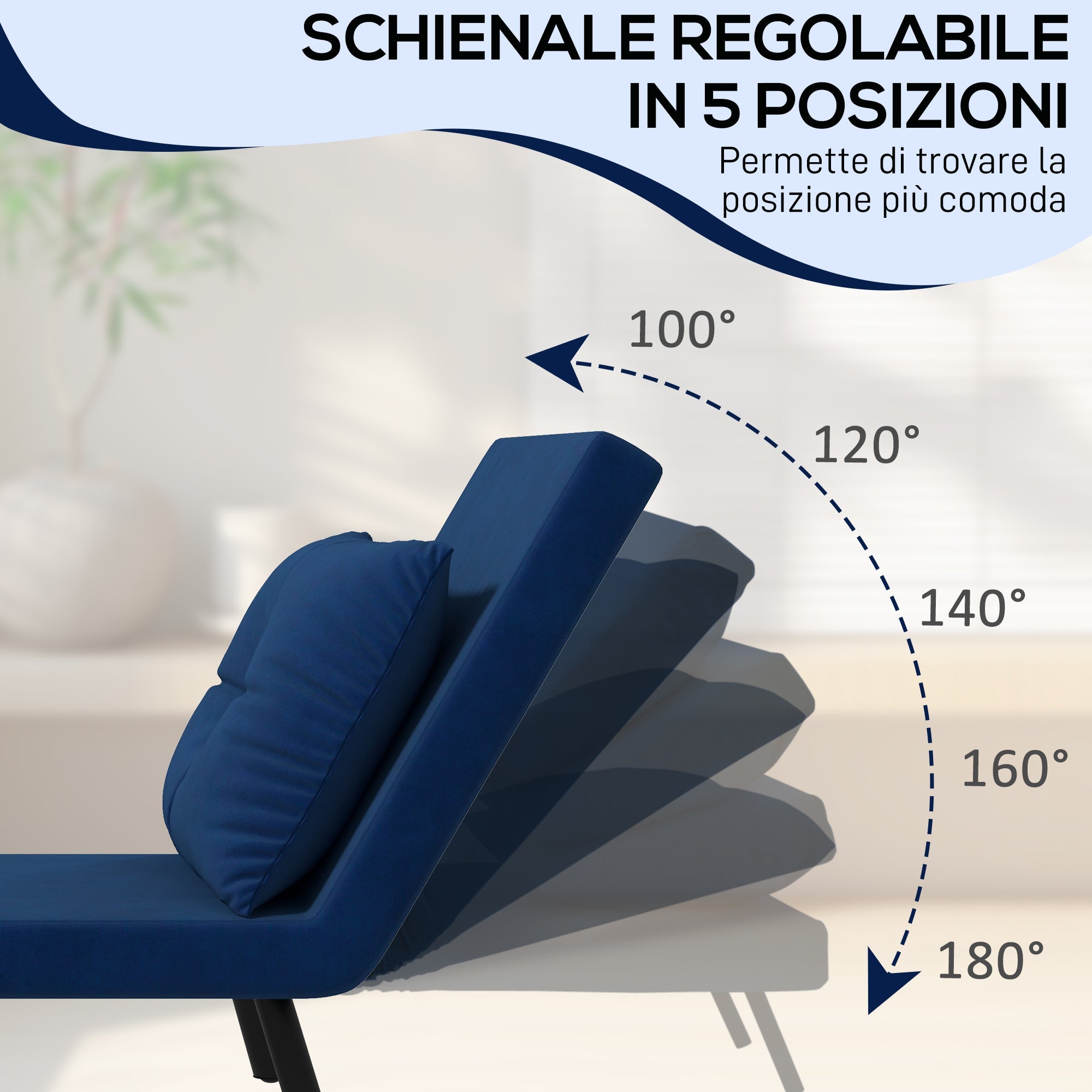 EasyComfort Poltrona Letto 3 in 1 with Schienale Reclinabile e Cuscino, in Tessuto Effetto Velluto, 63x73x81 cm, Blu