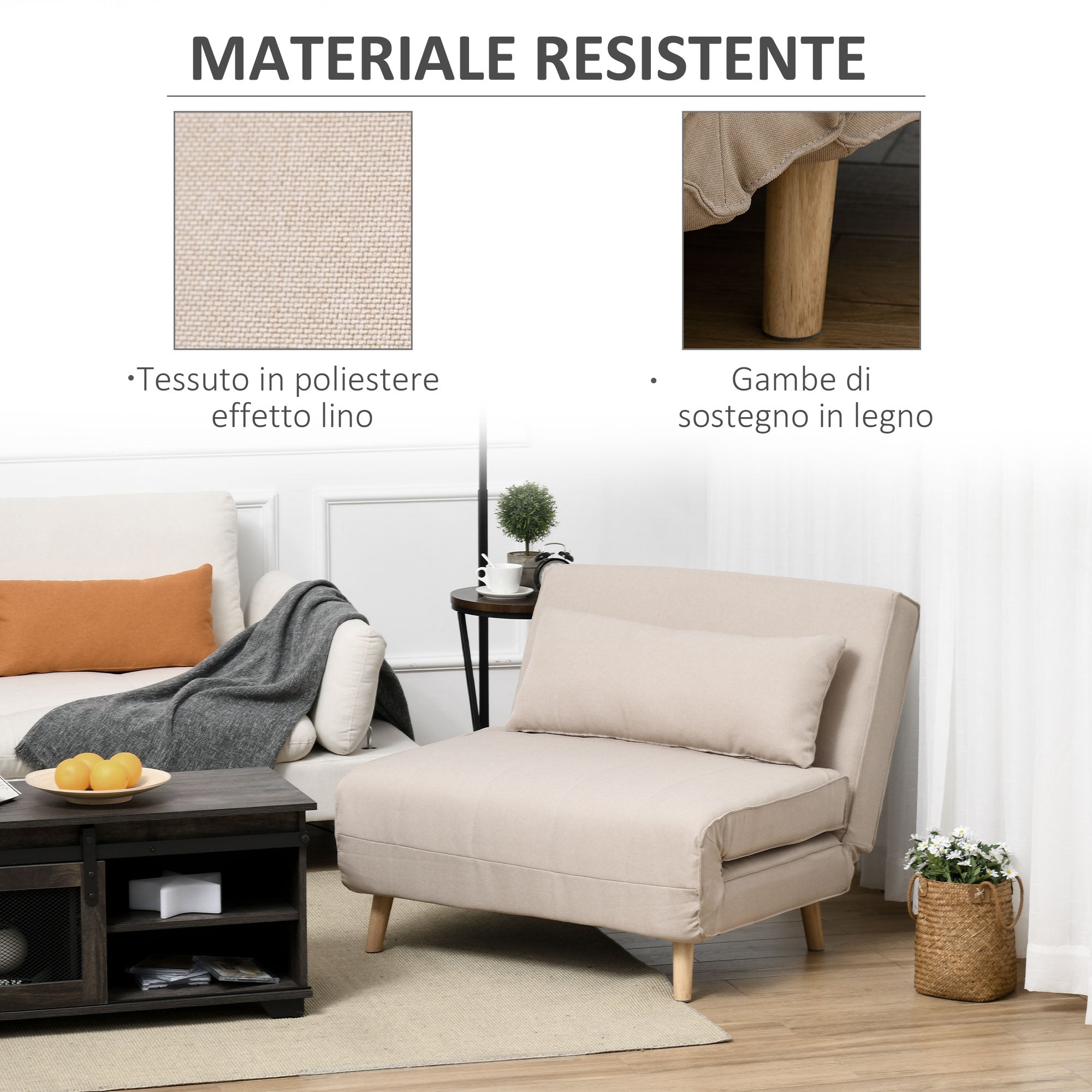 EasyComfort Poltrona Letto 3 in 1 with Schienale Reclinabile in 6 Posizioni, 94x78x80 cm, Beige