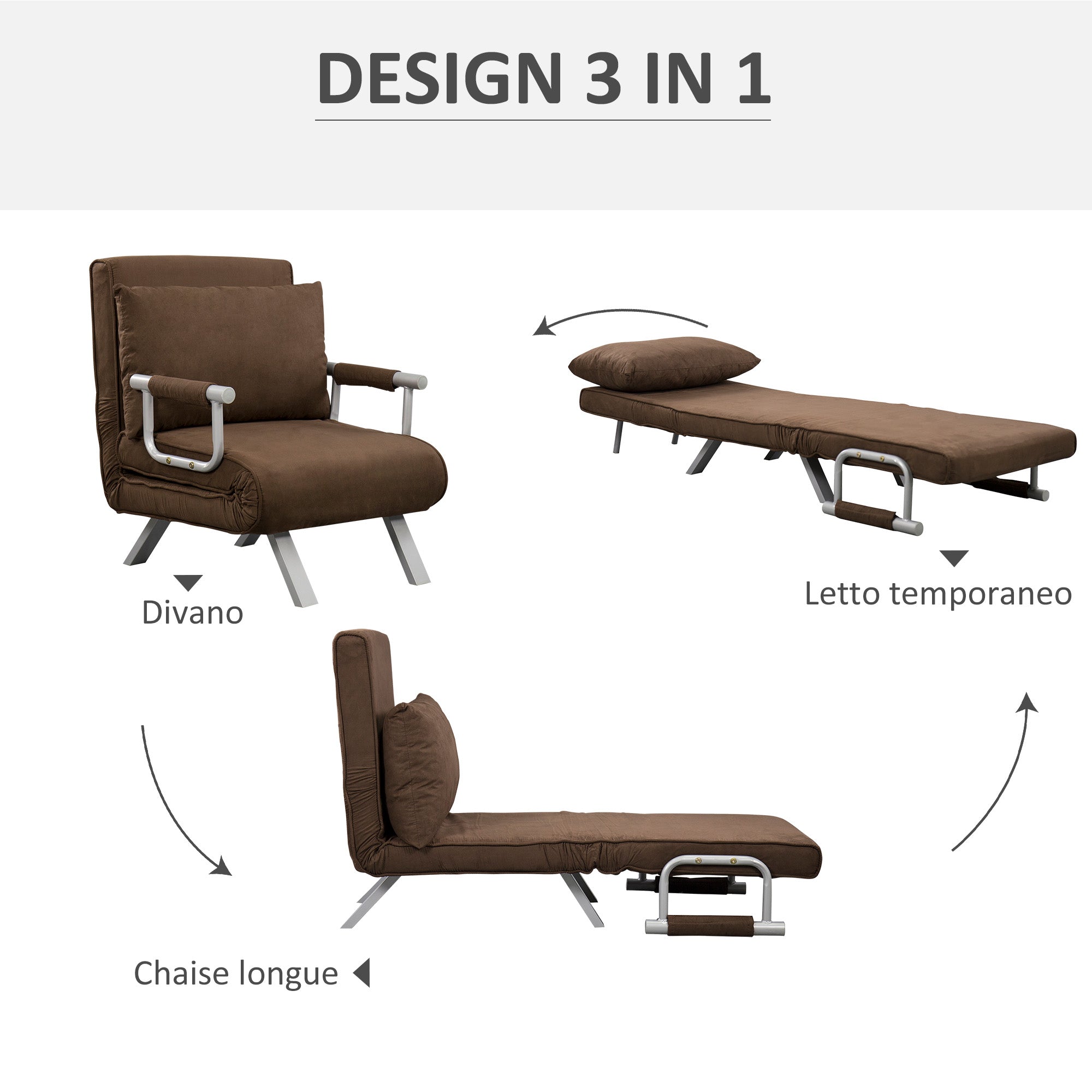 EasyComfort Poltrona Letto Moderna 2-in-1 fauteuilbed, 5-standen rugleuning, bruin, 65x69x80 cm