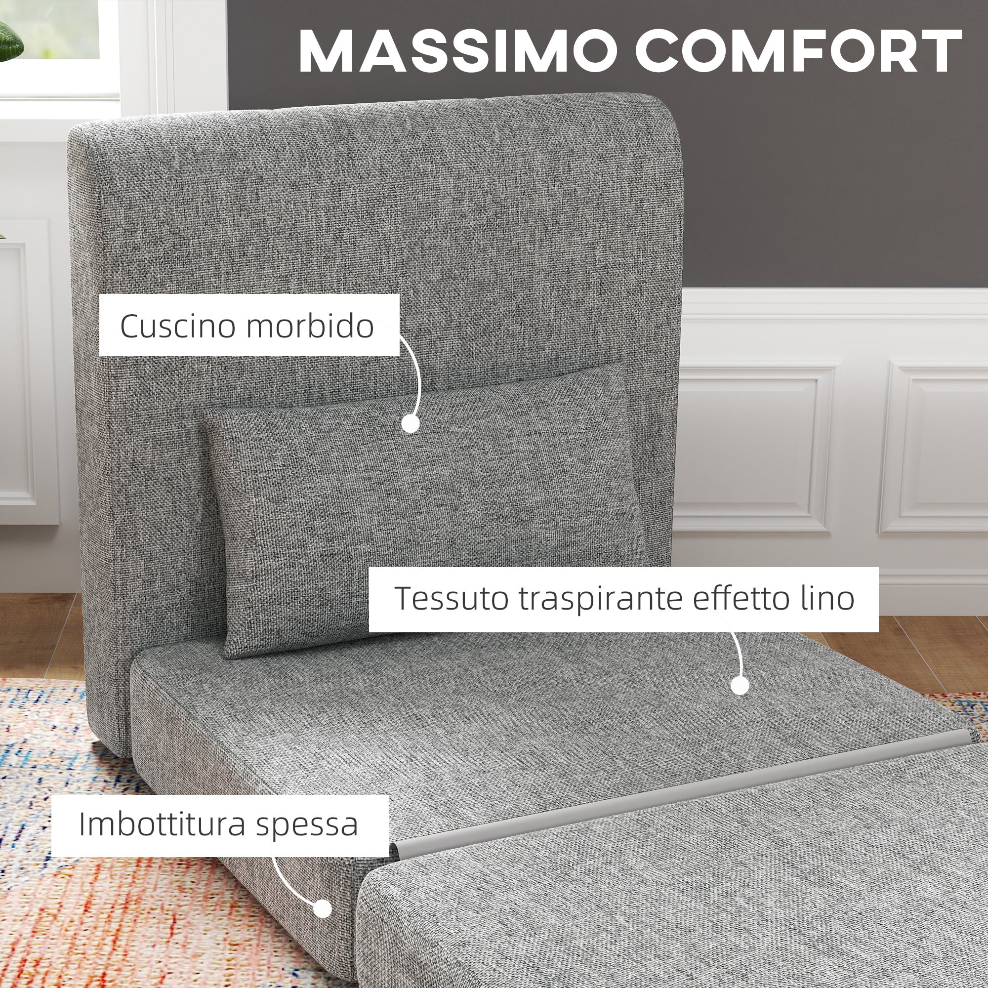 EasyComfort Poltrona Letto Pieghevole da Terra a 3 Sezioni Salvaspazio in Tessuto, 80x75x74 cm, Grigio