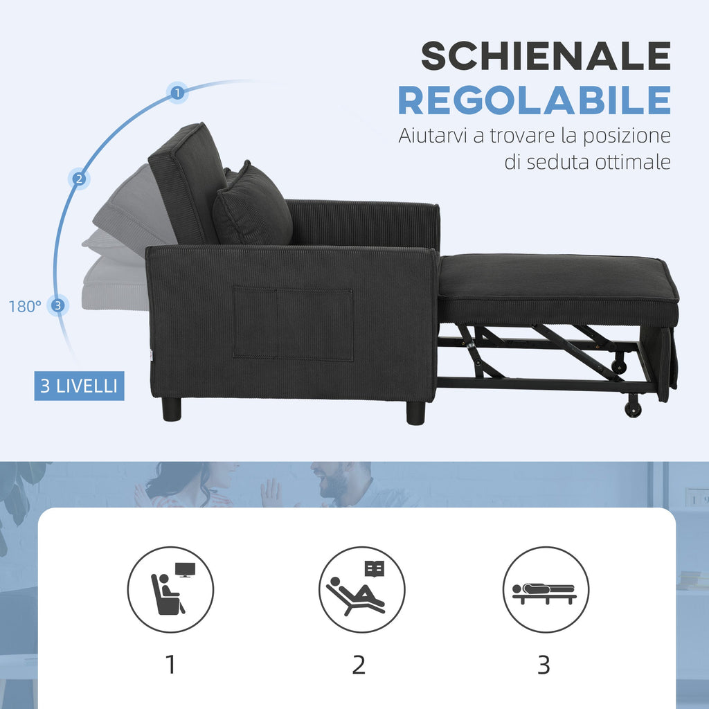 EasyComfort Poltrona Letto Reclinabile with Tasche Laterali, in Tessuto Effetto Velluto, 74x84x81 cm, Grigio Scuro