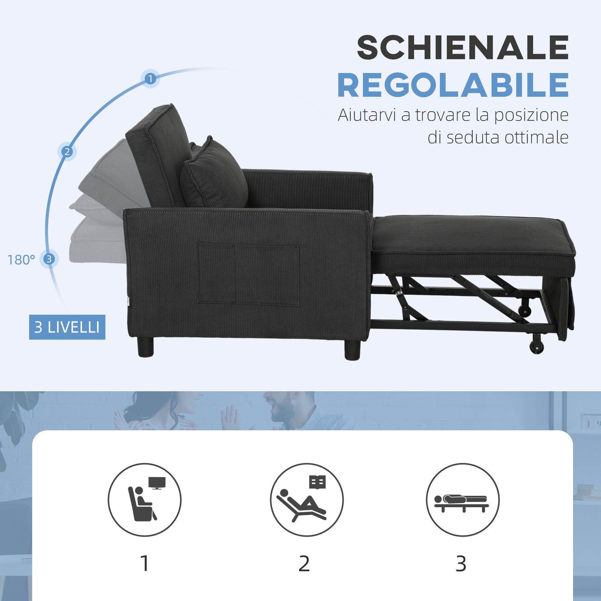 EasyComfort Poltrona Letto Reclinabile with Tasche Laterali, in Tessuto Effetto Velluto, 74x84x81 cm, Grigio Scuro