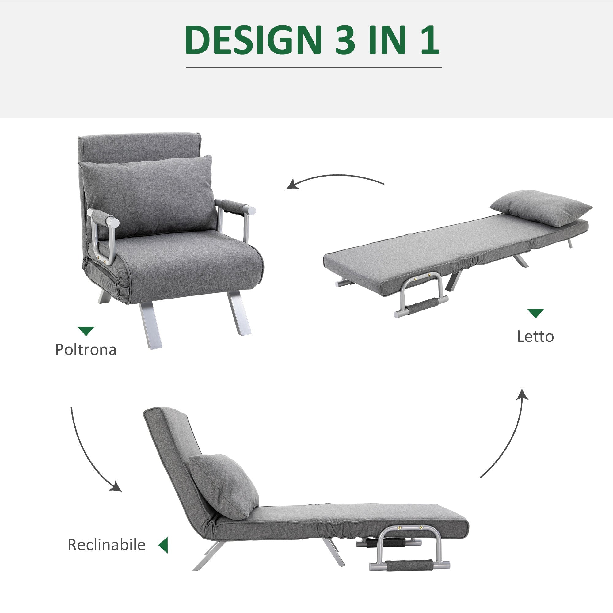 EasyComfort Slaapfauteuil 1-persoons, 5-standen rugleuning, lichtgrijs