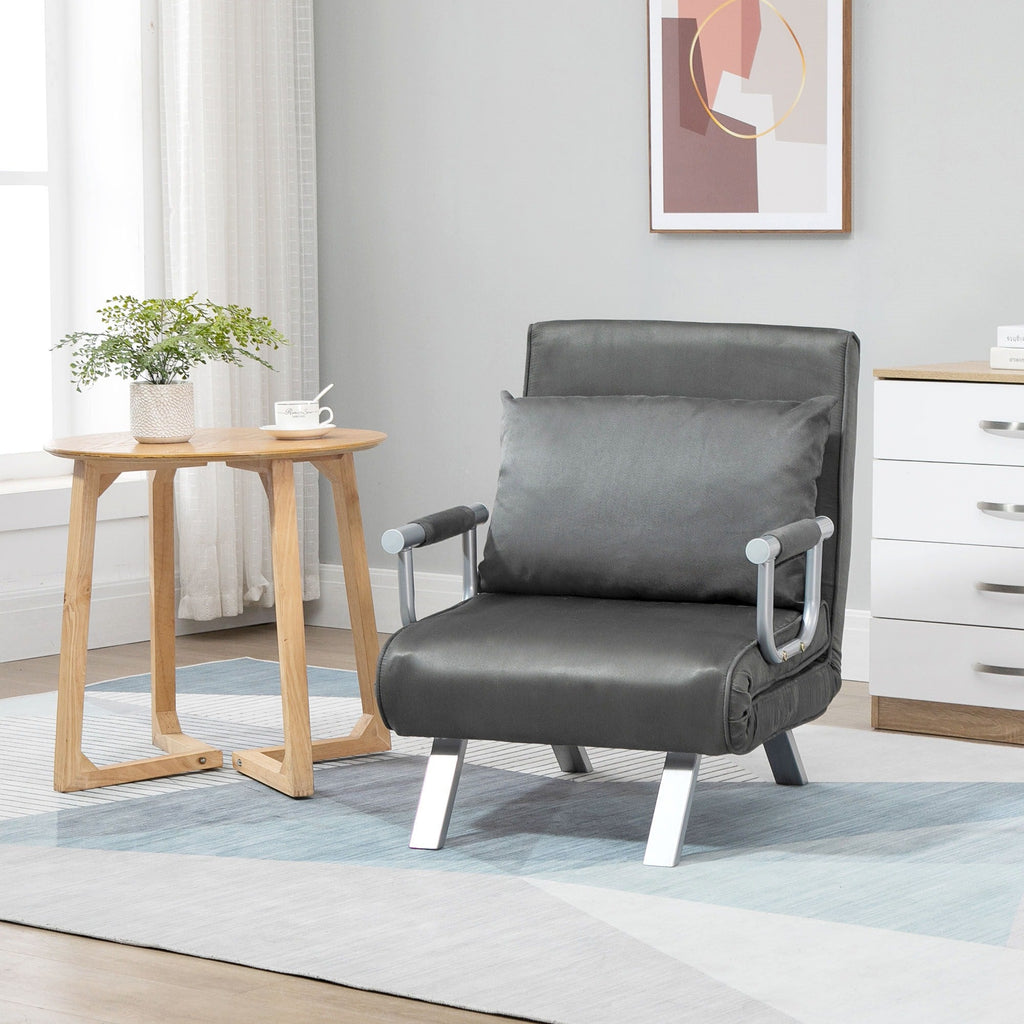Easycomfort Poltrona Letto Singolo 3 in 1 with Schienale Reclinabile su 5 Livelli e Cuscino, Divano Letto Singolo Pieghevole per Soggiorno e Salotto in Pelle Scamosciata e Metallo, 65x69x80 cm, Grigio