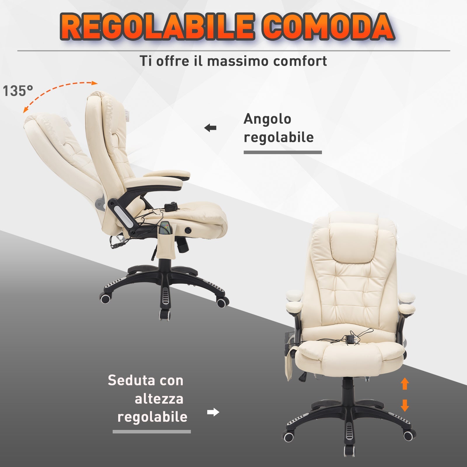 Easycomfort Poltrona Massaggiante da Ufficio ad Altezza Regolabile with 6 Punti Massaggianti, in PU, 62x68x111-121 cm, Beige