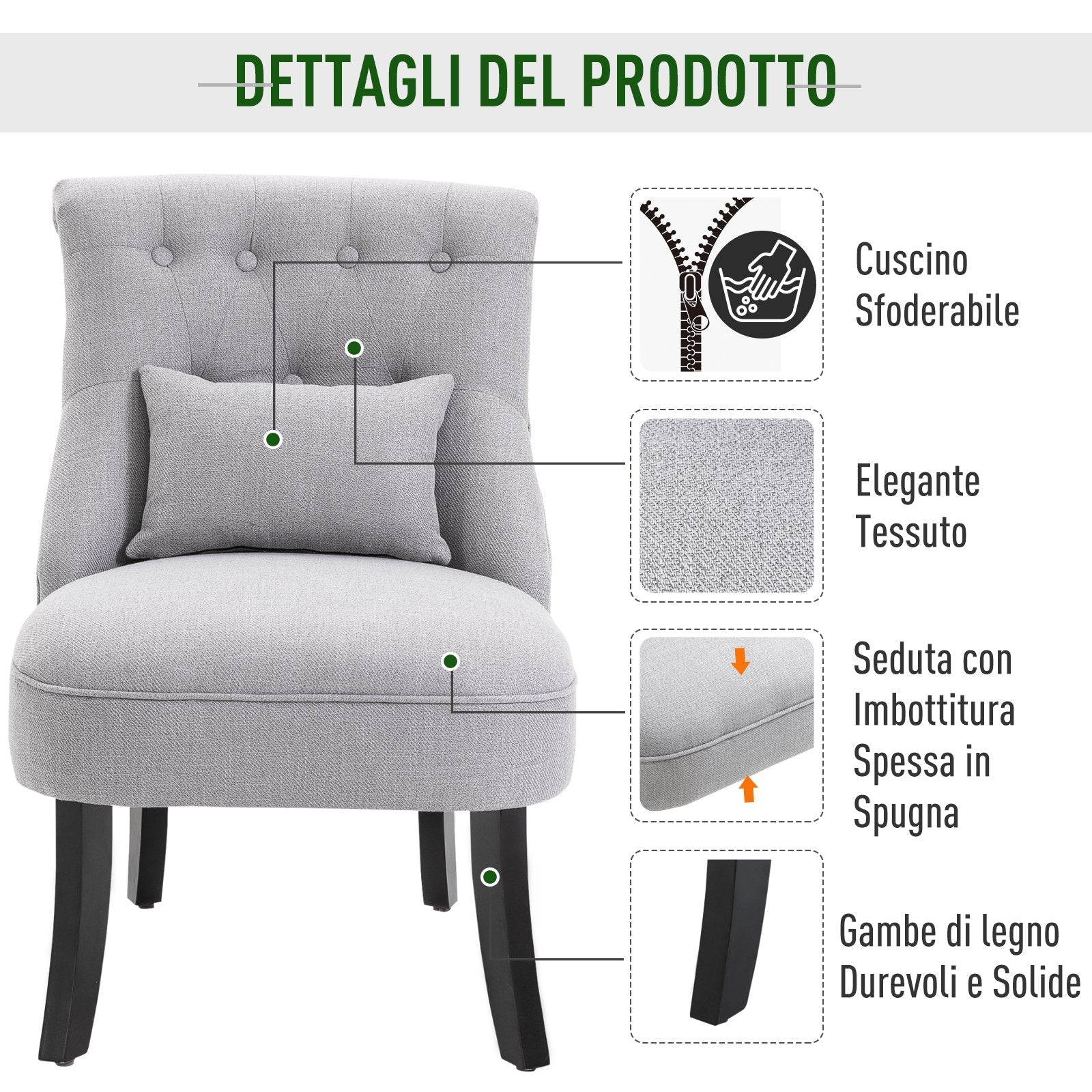 Easycomfort Poltrona per Salotto Imbottita with Cuscino e Piedini Antiscivolo, Poltrona D'Arredo in Tessuto Effetto Lino e Legno, 52.5x69x77 cm, Grigio