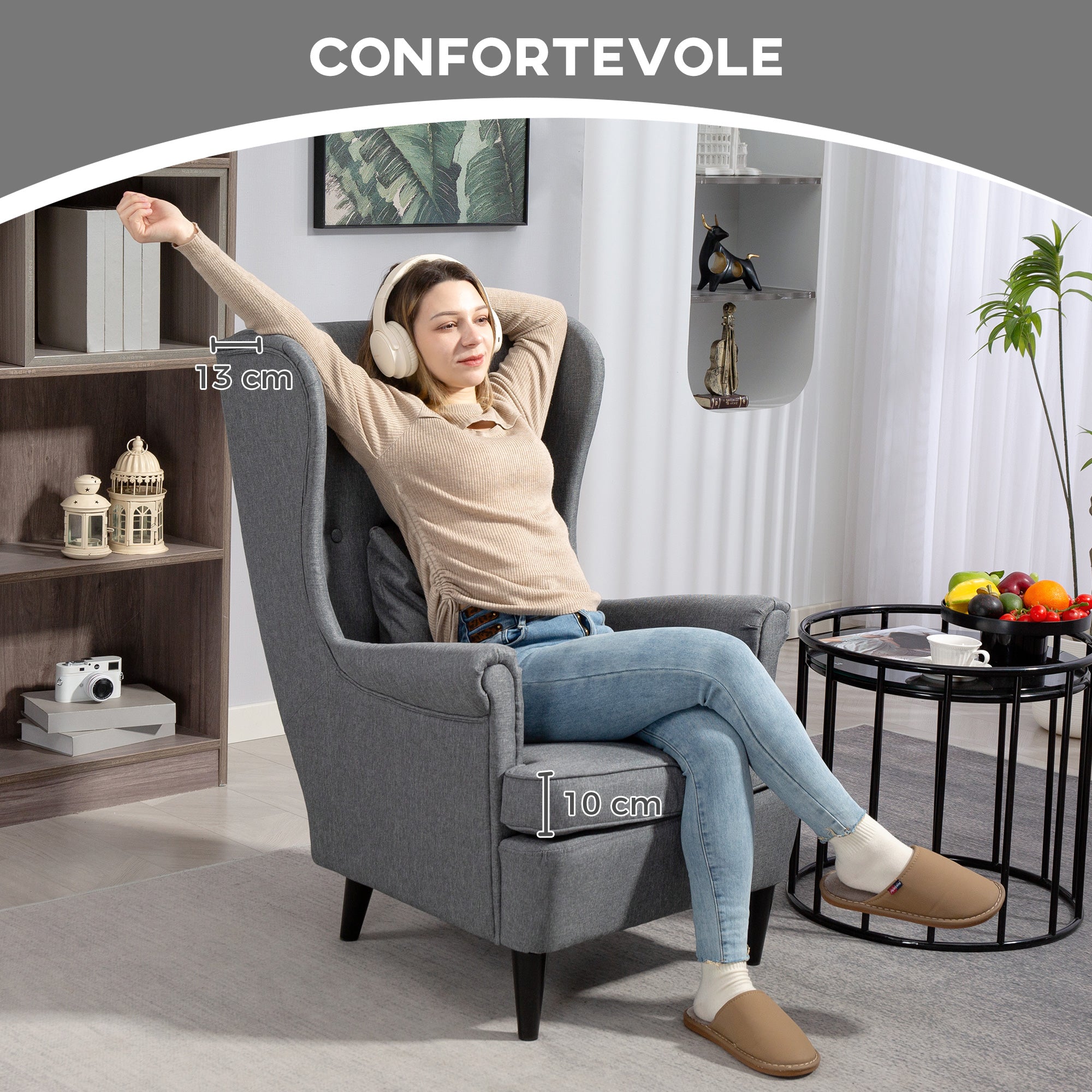 EasyComfort Poltrona per Salotto in Tessuto with Pouf Poggiapiedi, Schienale Alto e Cuscino, 75x83x104 cm, Grigio