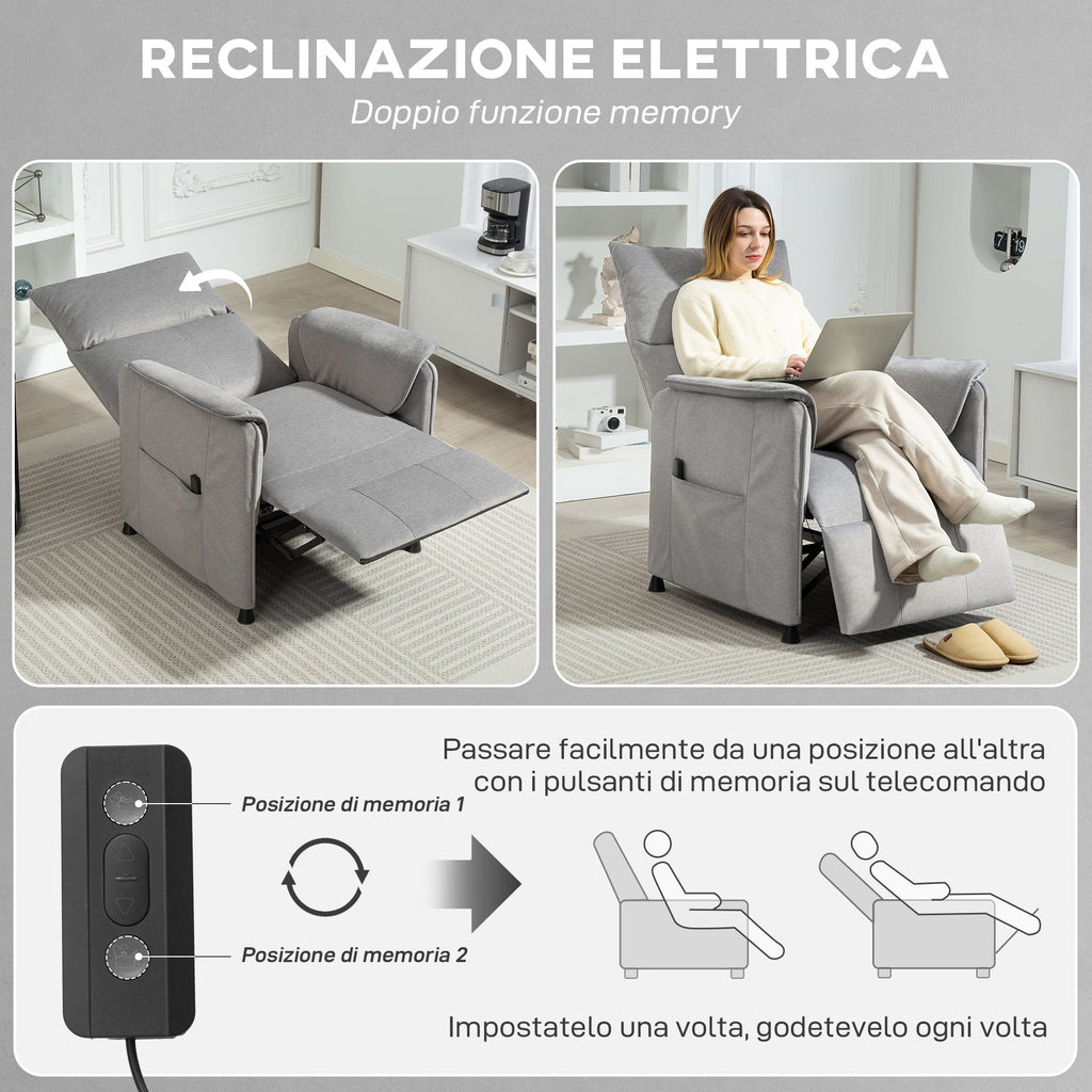EasyComfort Poltrona Reclinabile Elettrica with Telecomando e Poggiapiedi, in Tessuto Effetto Velluto, 80x83x104 cm, Grigio