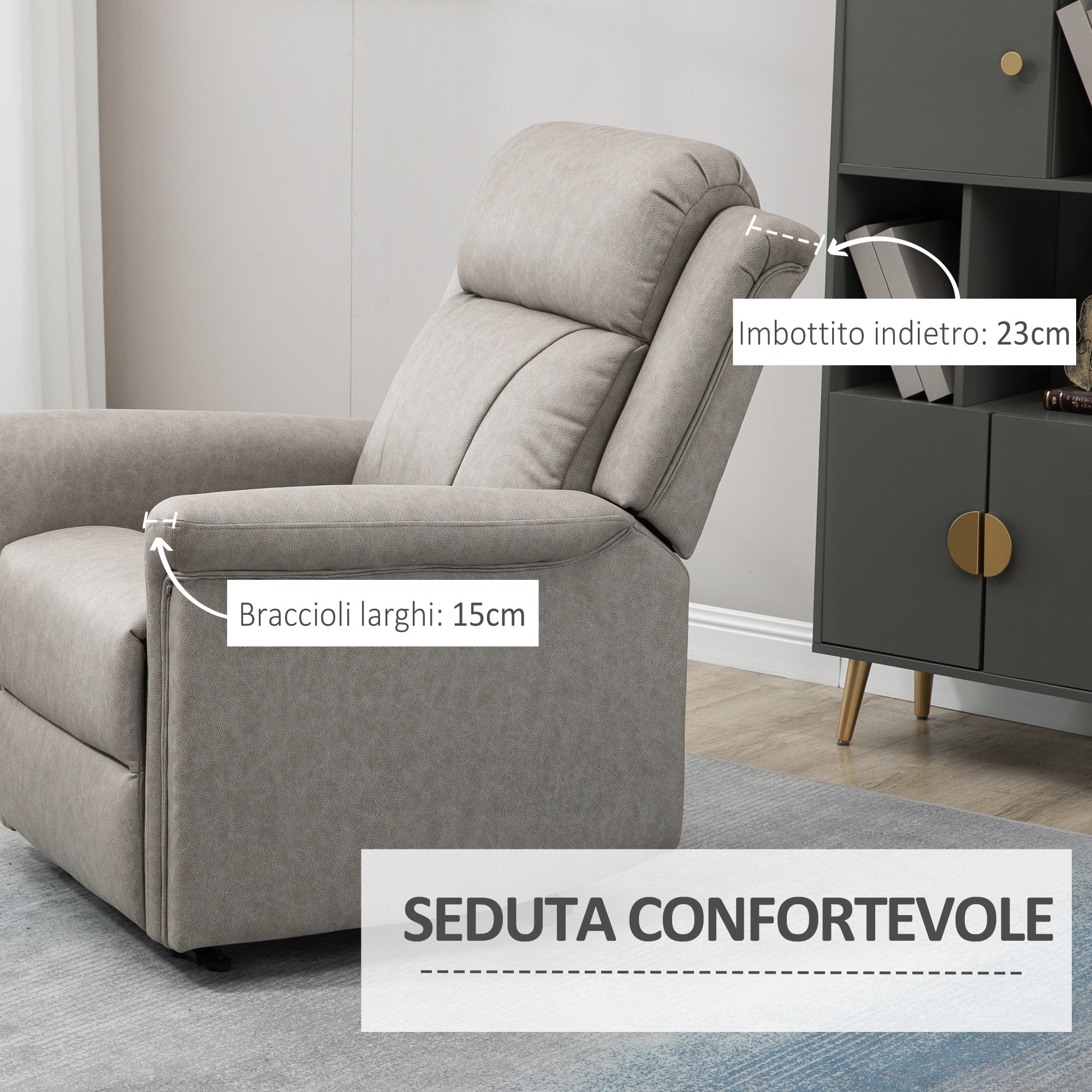 Easycomfort Poltrona Reclinabile Manualmente 135° with Poggiapiedi, Poggiatesta e Braccioli Imbottiti, 78x96x102 cm, Grigio