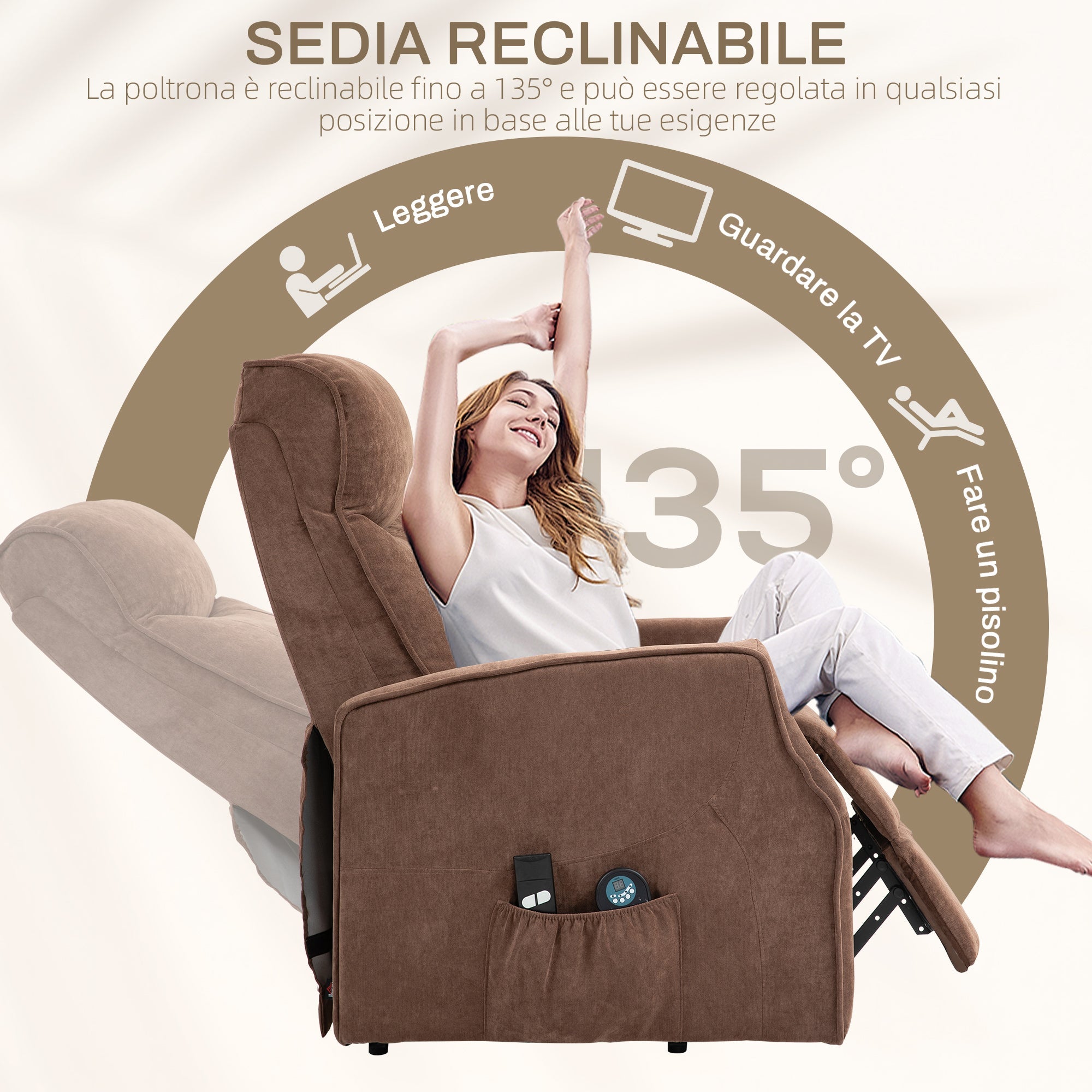 EasyComfort Relaxfauteuil met opsta-ondersteuning, 8 massagepunten, bruin