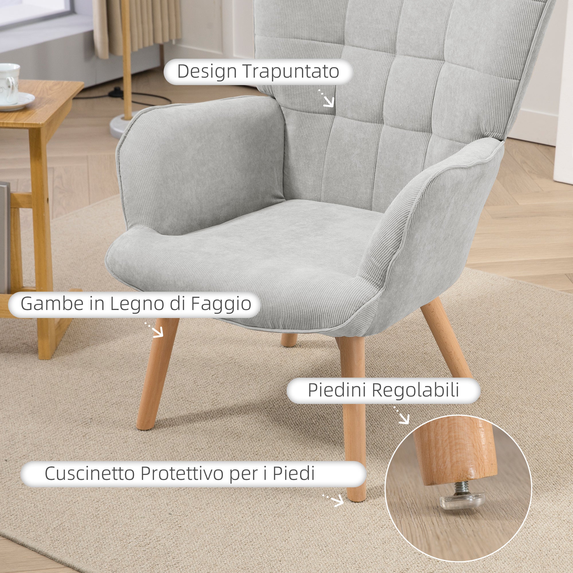 EasyComfort Relaxfauteuil met poef, ribfluweel, hoge rugleuning, grijs
