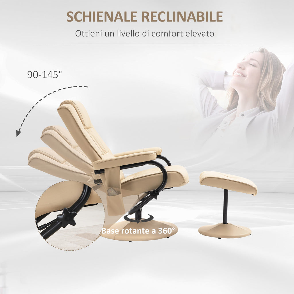EasyComfort Poltrona Relax with Pouf Poggiapiedi Reclinabile a 145° with 10 Punti Massaggio e Telecomando in Finta Pelle, Crema