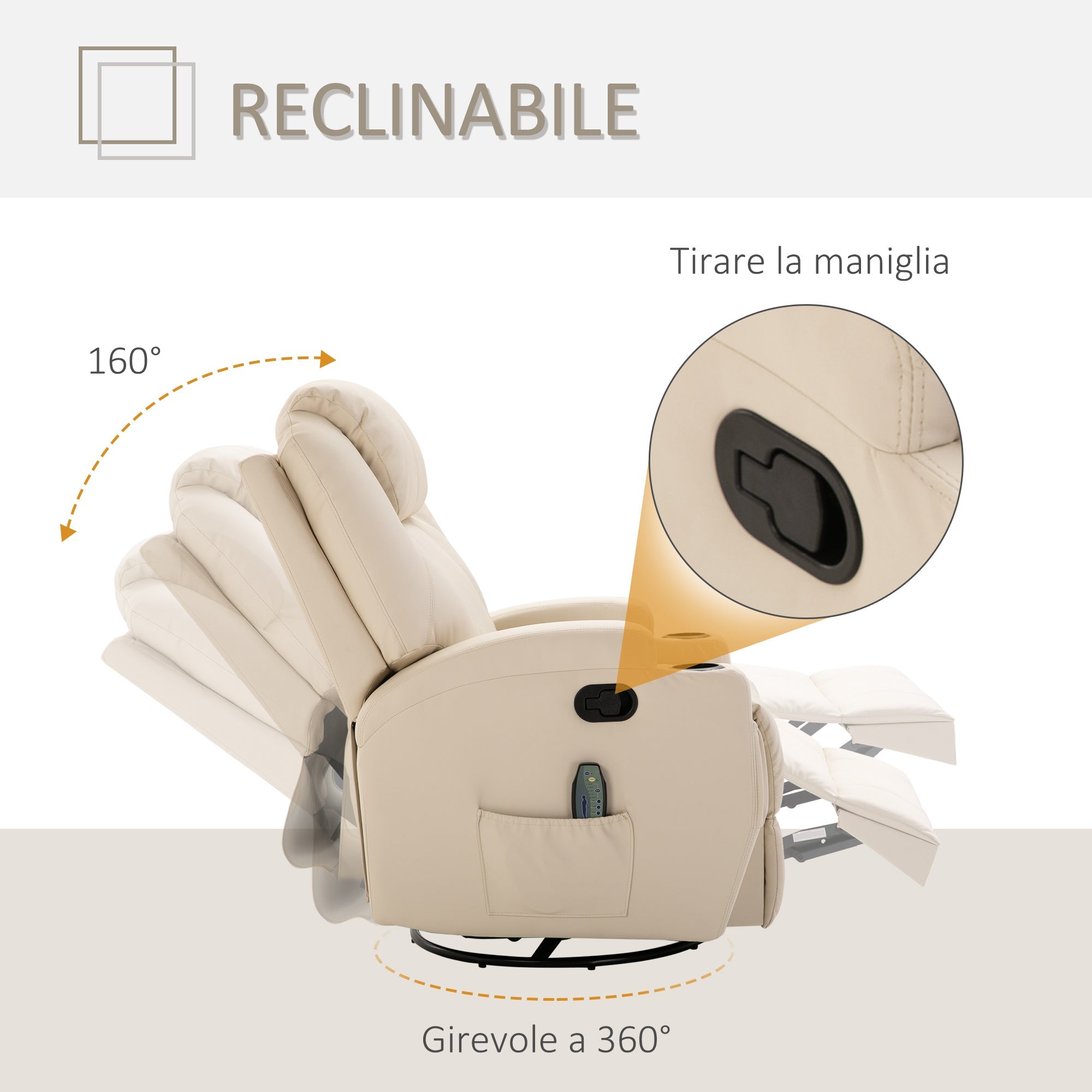 Easycomfort Poltrona Relax Elettrica Reclinabile Girevole with 2 Portabicchieri, Telecomando, Poggiapiedi e 4 Tasche Laterali, in Pelle PU, Legno e Acciaio, Crema