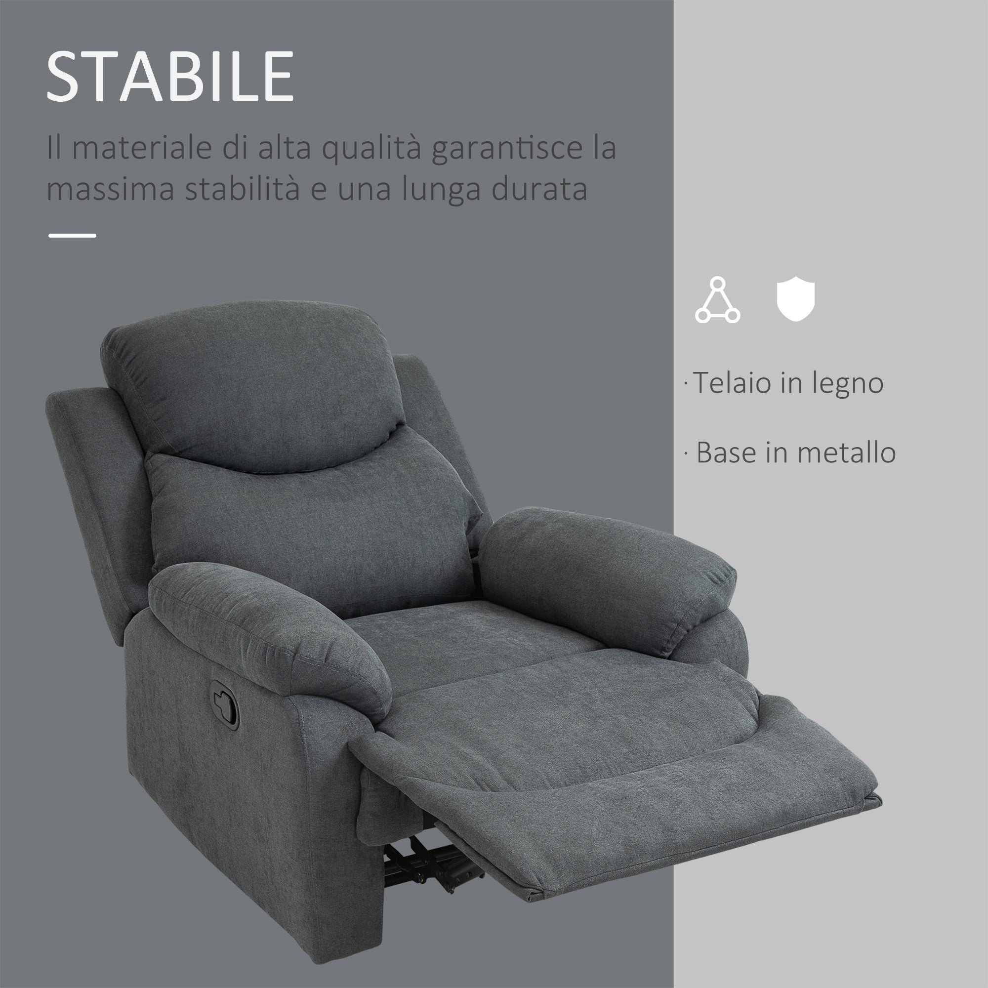 Easycomfort Poltrona Relax Manuale Ergonomica in Tessuto, Poltrona Reclinabile a 150° e Poggiapiedi per Casa e Ufficio, 93x88x102cm, Grigio Scuro