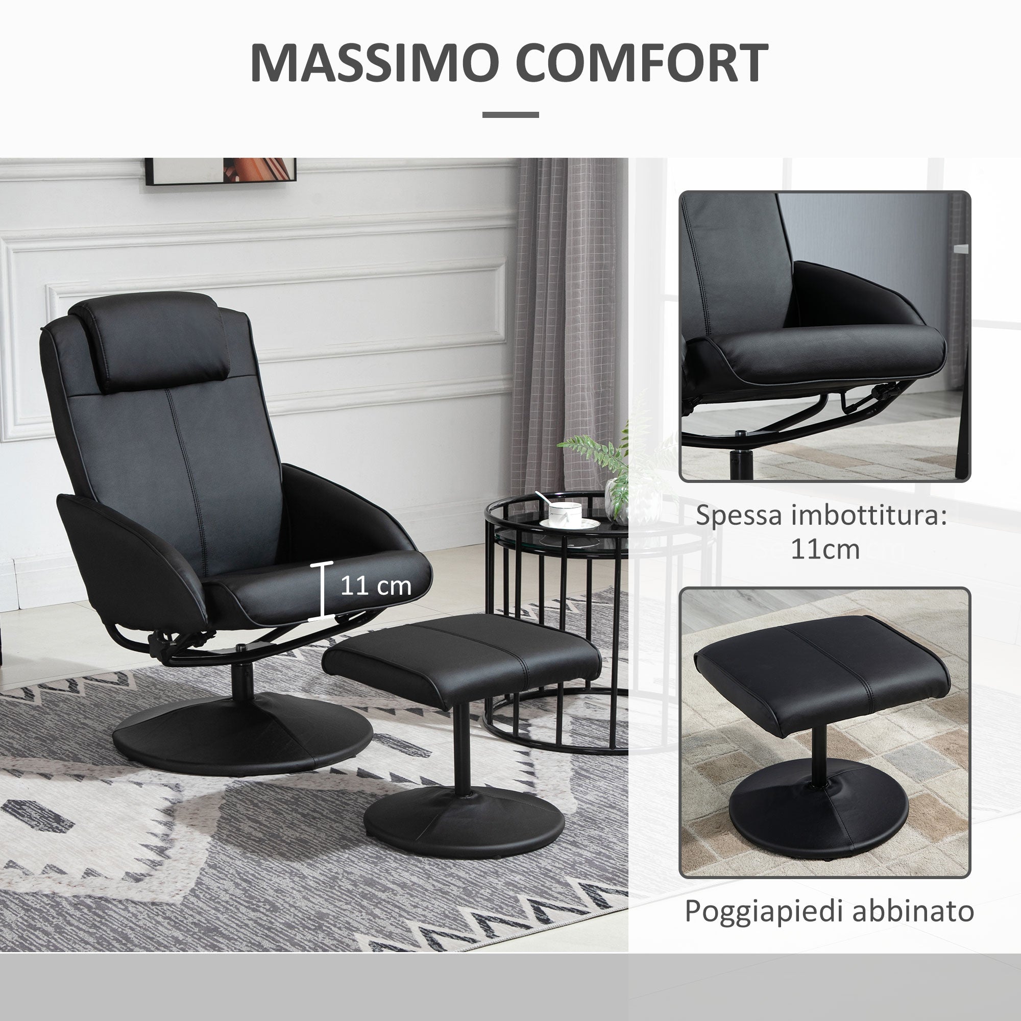 Easycomfort Poltrona Relax Reclinabile with Pouf Poggiapiedi Abbinato e Rivestimento in Finta pelle, black