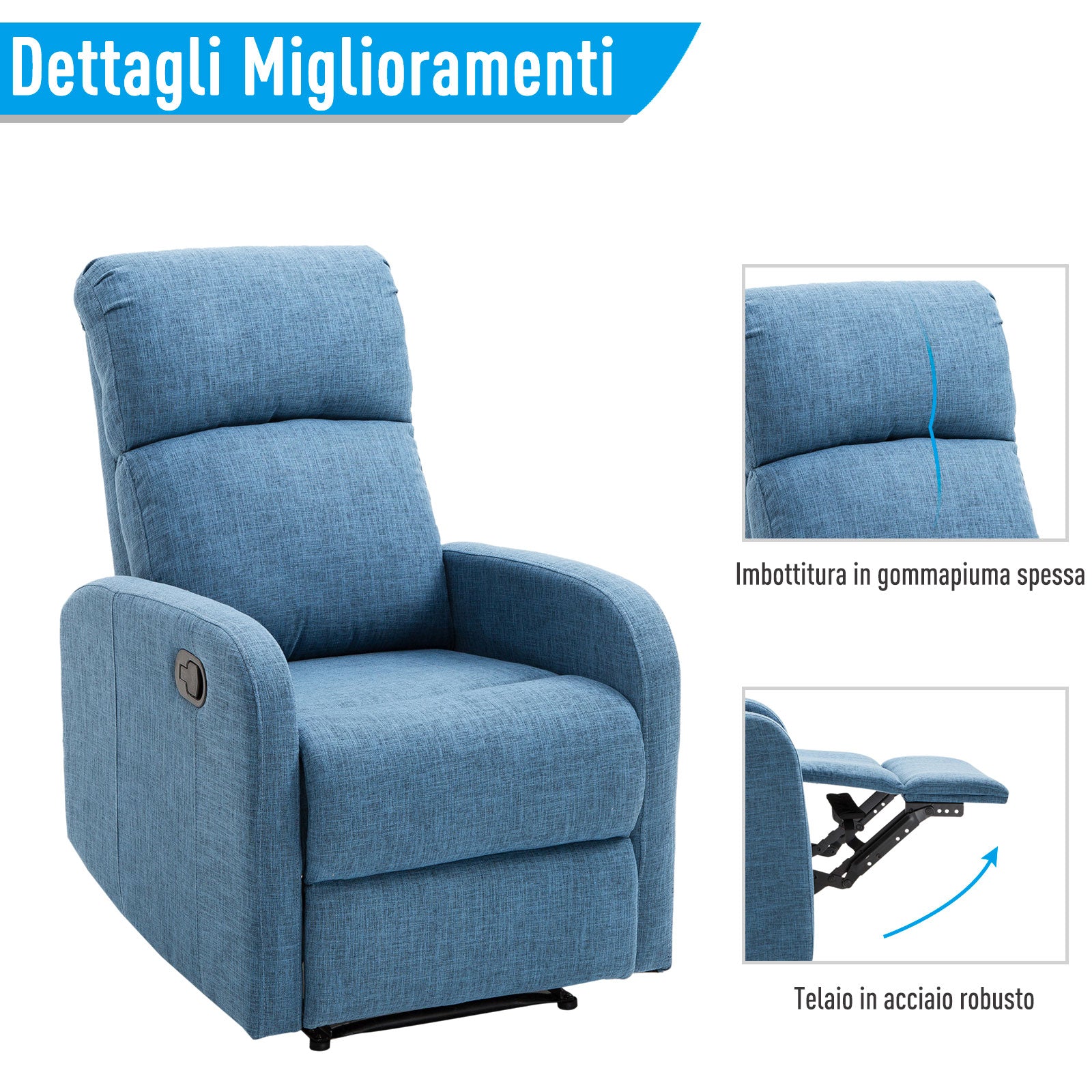 Easycomfort Poltrona Relax Reclinabile Manuale with Poggiapiedi Portata 125kg Tessuto di Lino 67 × 83 × 107cm Blu