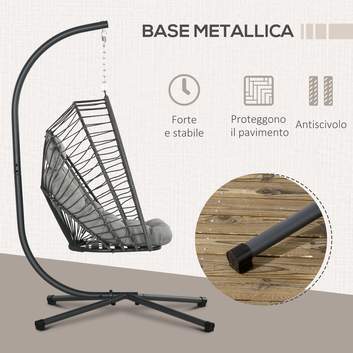 EasyComfort Hangstoel PE-rattan inklapbaar met kussen, staal, grijs