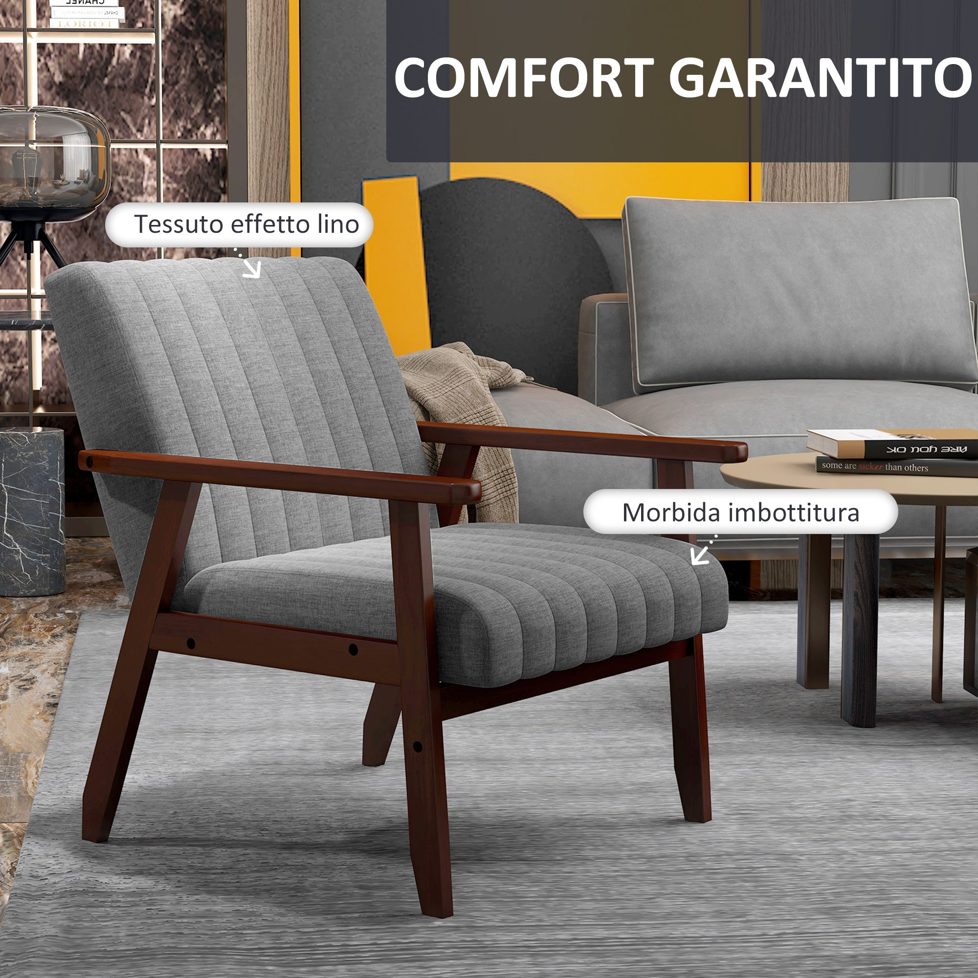 EasyComfort Moderne gestoffeerde fauteuil van stof en hout, grijs