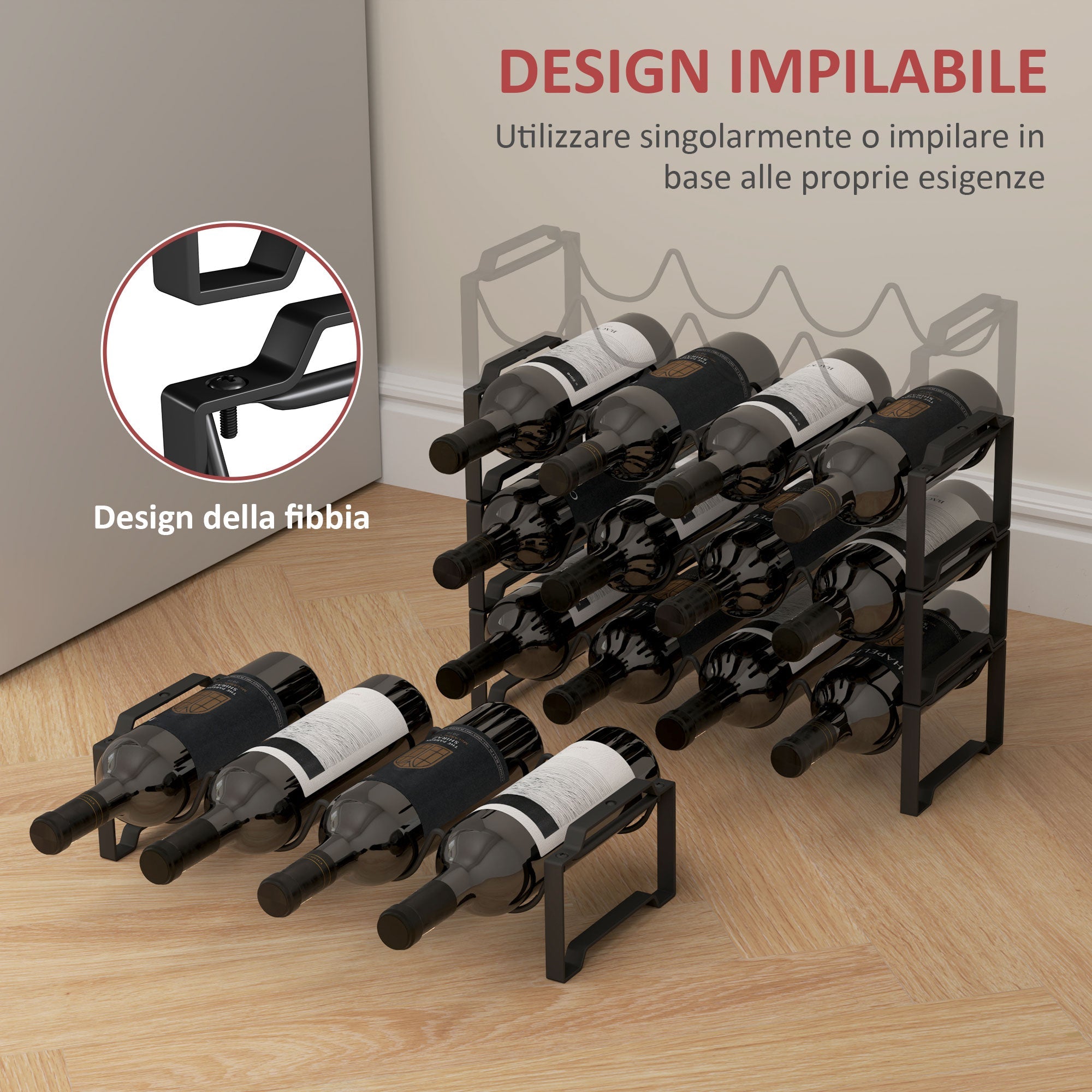 EasyComfort Portabottiglie a 4 Livelli a Onda Impilabili per 16 Bottiglie, in Metallo, 42.5x16.5x41 cm, black