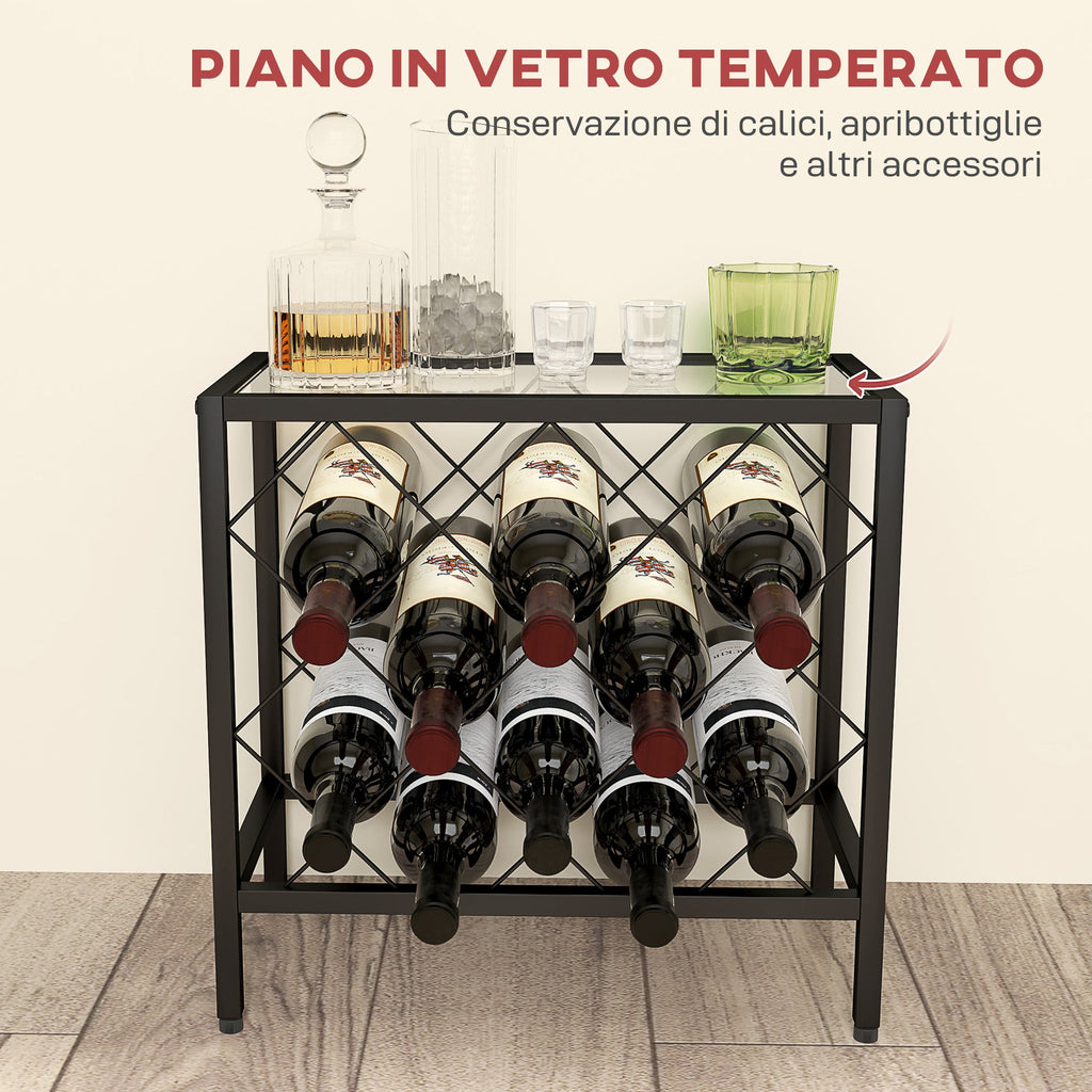 EasyComfort Portabottiglie Vini per 10 Bottiglie in Acciaio black with Piano d'Appoggio in Vetro Temperato, 41x22x41 cm