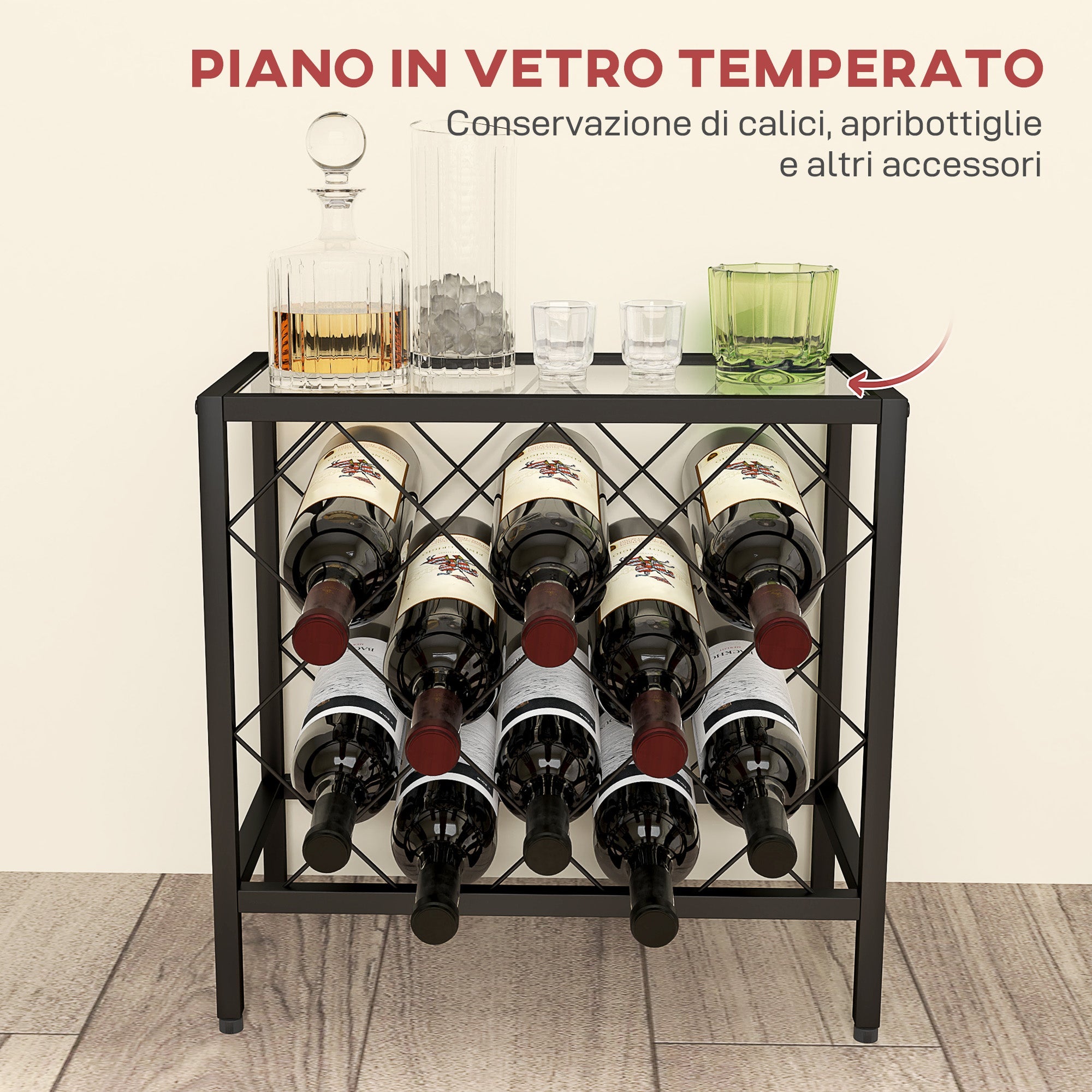 EasyComfort Portabottiglie Vini per 10 Bottiglie in Acciaio black with Piano d'Appoggio in Vetro Temperato, 41x22x41 cm